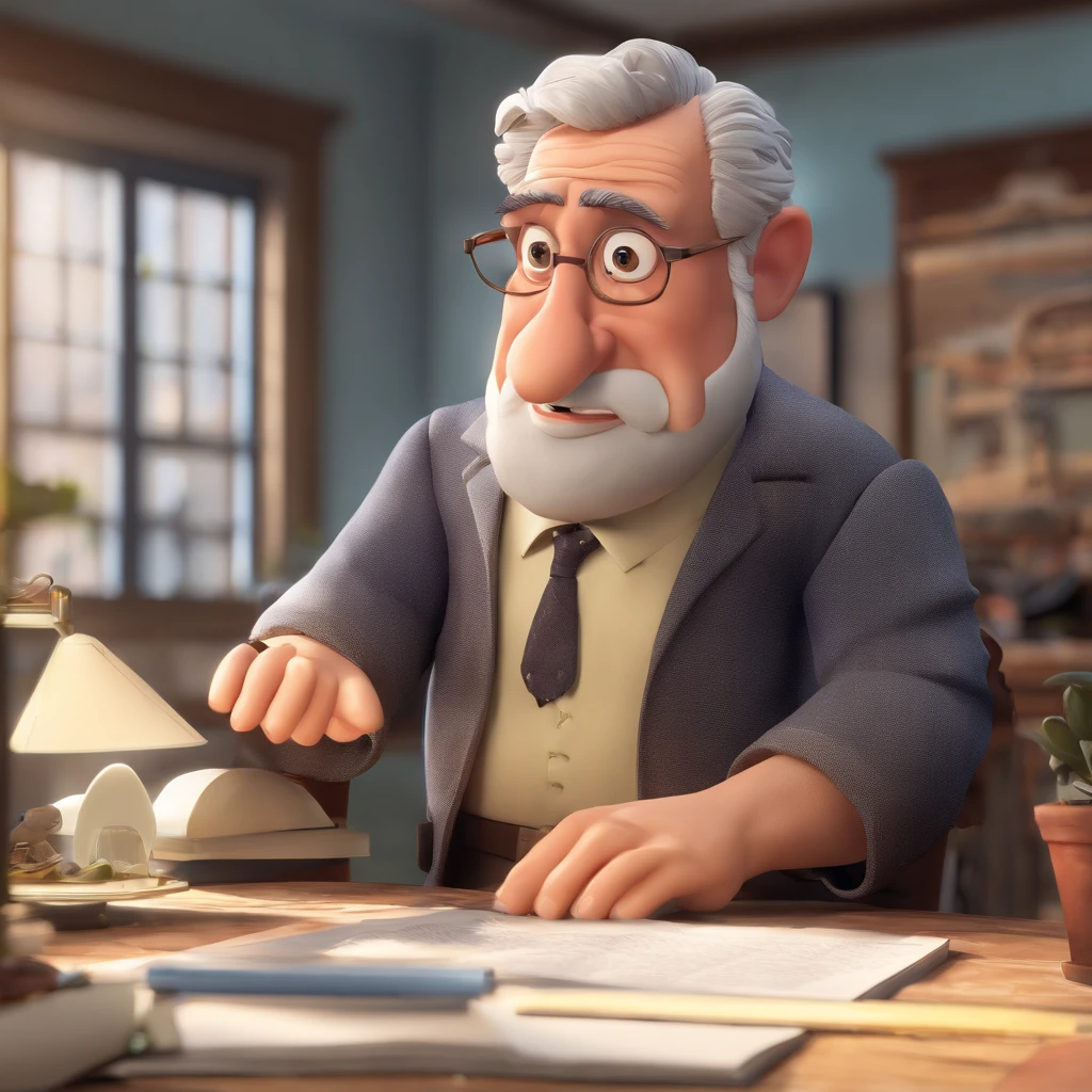 Crie um cartaz inspirado na Disney Pixar com o personagem sendo o pastor Rubens Janier, A gray-haired man wearing glasses, in an office with a Bible on the table