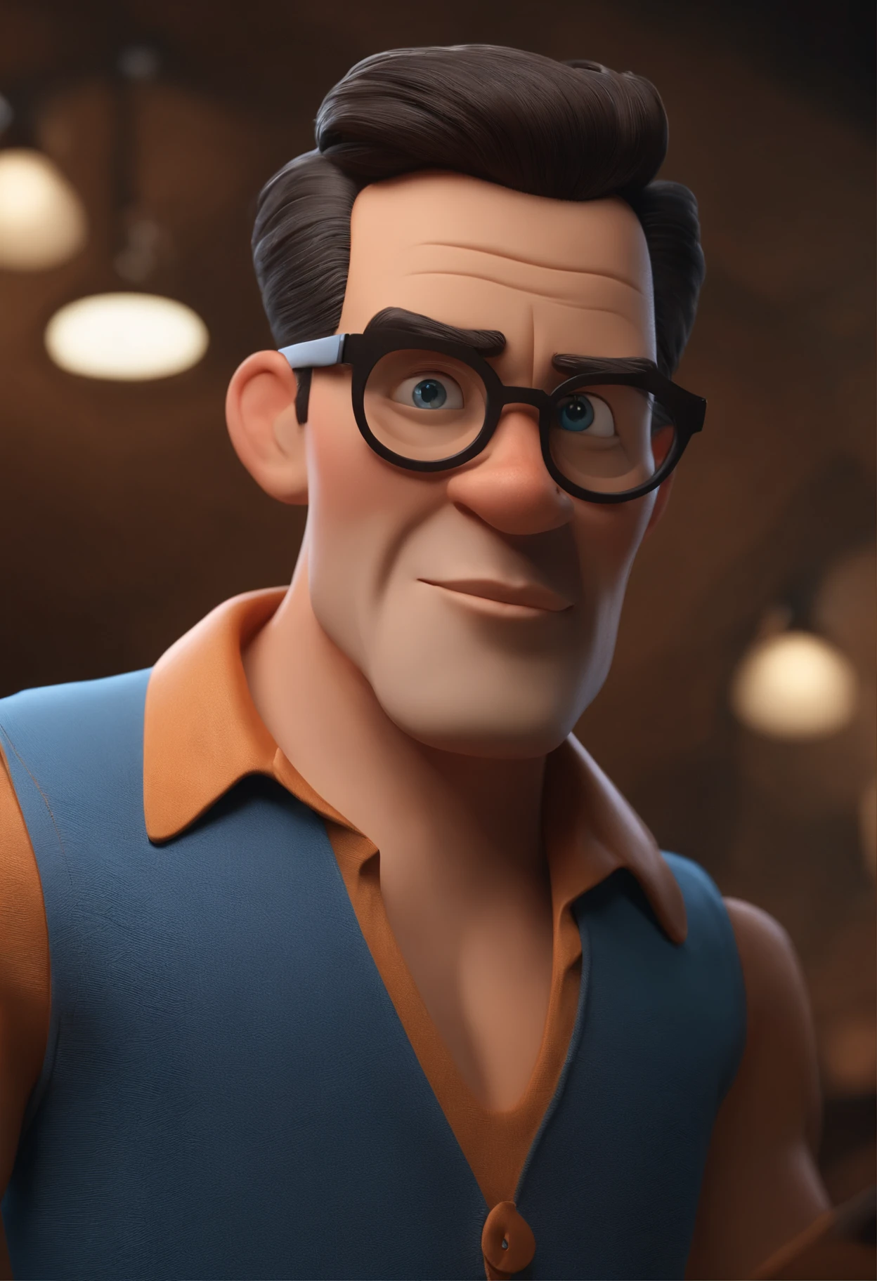 Cartoon character of a man wearing black glasses and a blue shirt, um personagem animado, Caractere estilizado, animation style rendering, 3D estilizado, Arnold Maya render, 3 d render stylized, toon render keyshot, Personagem 3D, Personagem 3D, 3d rendering stylized, 3 d character render, personagem de desenho animado, Personagem de close up, Pose de personagem, (Estilo Pixar) (master part:1.2) (Bokeh) (best quality) (pele detalhada) (textura detalhada) (8k) (argila) (Cinematic lighting) (foco nítido,Senta e vaza a parte superior do corpo