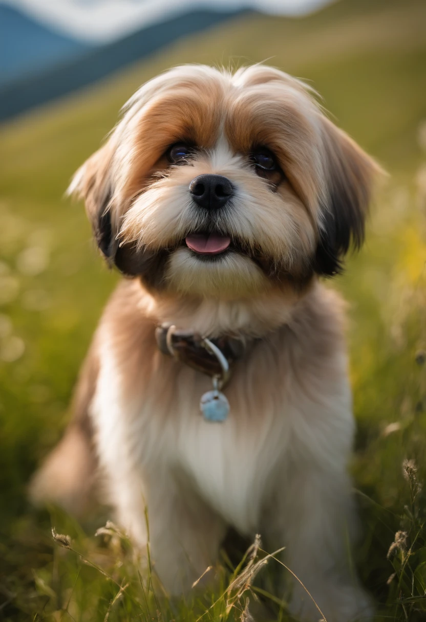 un lhassa apso rockeur en perfecto et lunette de soleil dans un champ d'herbe dans la montagne