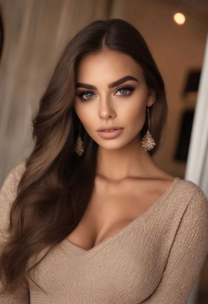 Arafed Mujer totalmente , Chica sexy con ojos marrones, ultra realista, meticulosamente detallado, Retrato Sophie Mudd, brown hair and large eyes, selfie de una mujer joven, Ojos de Dubai, Violeta Myers, sin maquillaje, Maquillaje natural, staring directly into camera, cara con artgram, maquillaje sutil, Impresionante foto de cuerpo completo arrodillado en la cama, En el dormitorio, Medium to large size bust