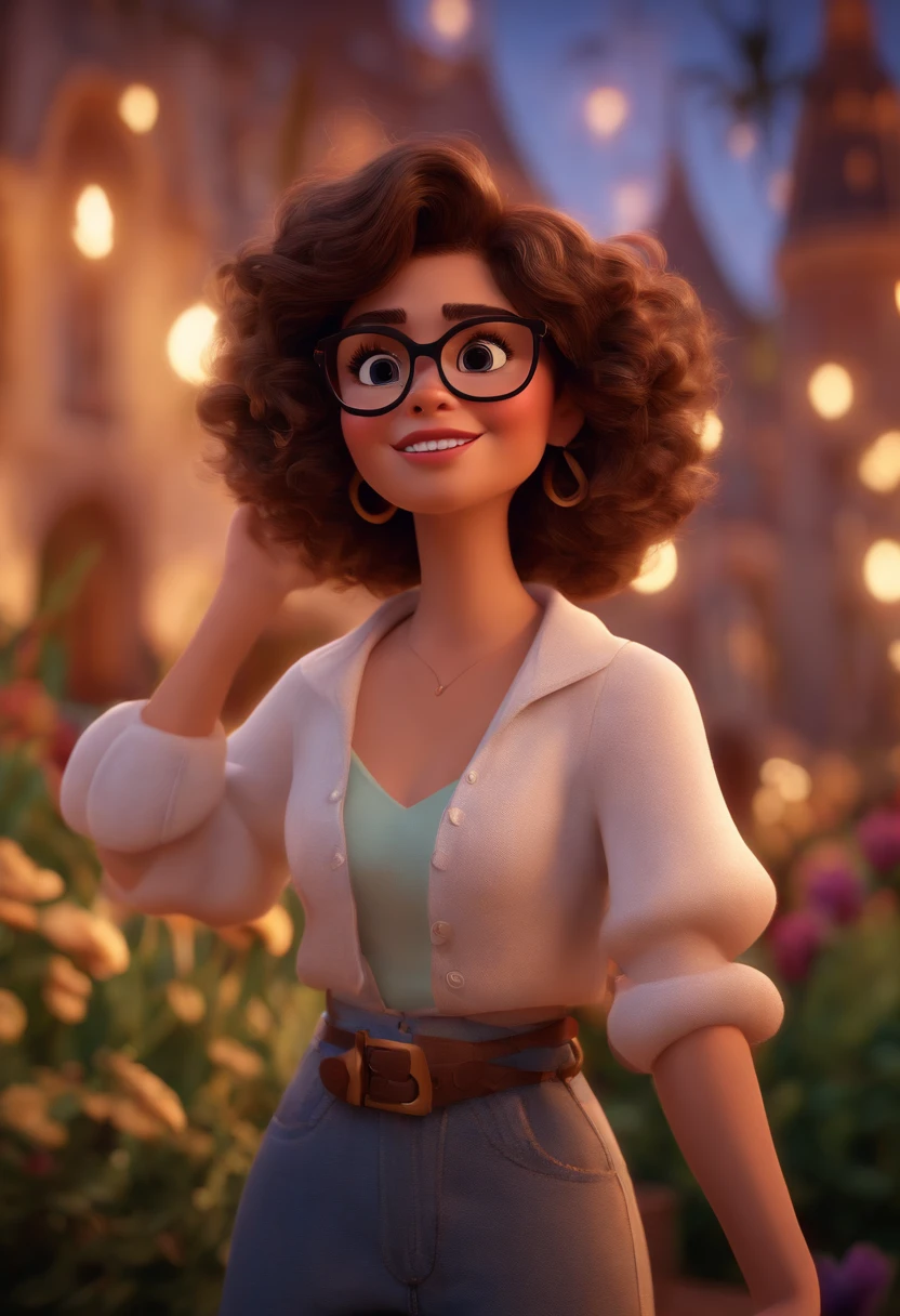 Pixar style image with 3D character white glasses brunette woman short curly hair dancing, Maquiagem Disney,Pescador, bonitinho, sorridente ,Close-up, Pixar, Disney, Cinema lighting,