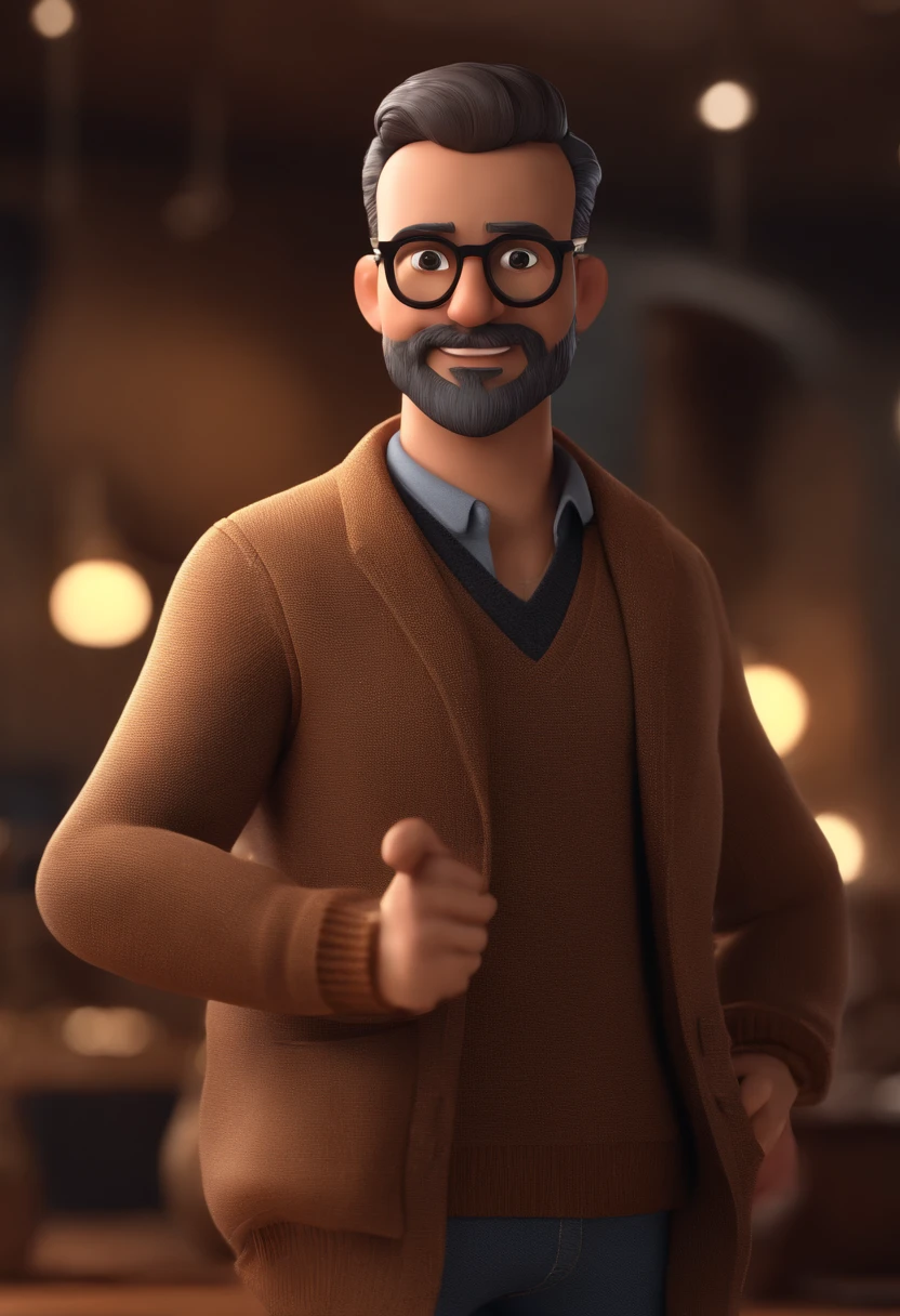 Cartoon character of a man with black glasses, Full beard and a brown sweater, animation character, Caractere estilizado, animation style rendering, 3D estilizado, Arnold Maya render, 3 d render stylized, toon render keyshot, Personagem 3D, Personagem 3D, 3d rendering stylized, 3 d character render, personagem de desenho animado, Personagem de close up, Pose de personagem, (Estilo Pixar) (master part:1.2) (Bokeh) (melhor qualidade) (pele detalhada) (textura detalhada) (8k) (argila) (Cinematic lighting) (foco nítido)