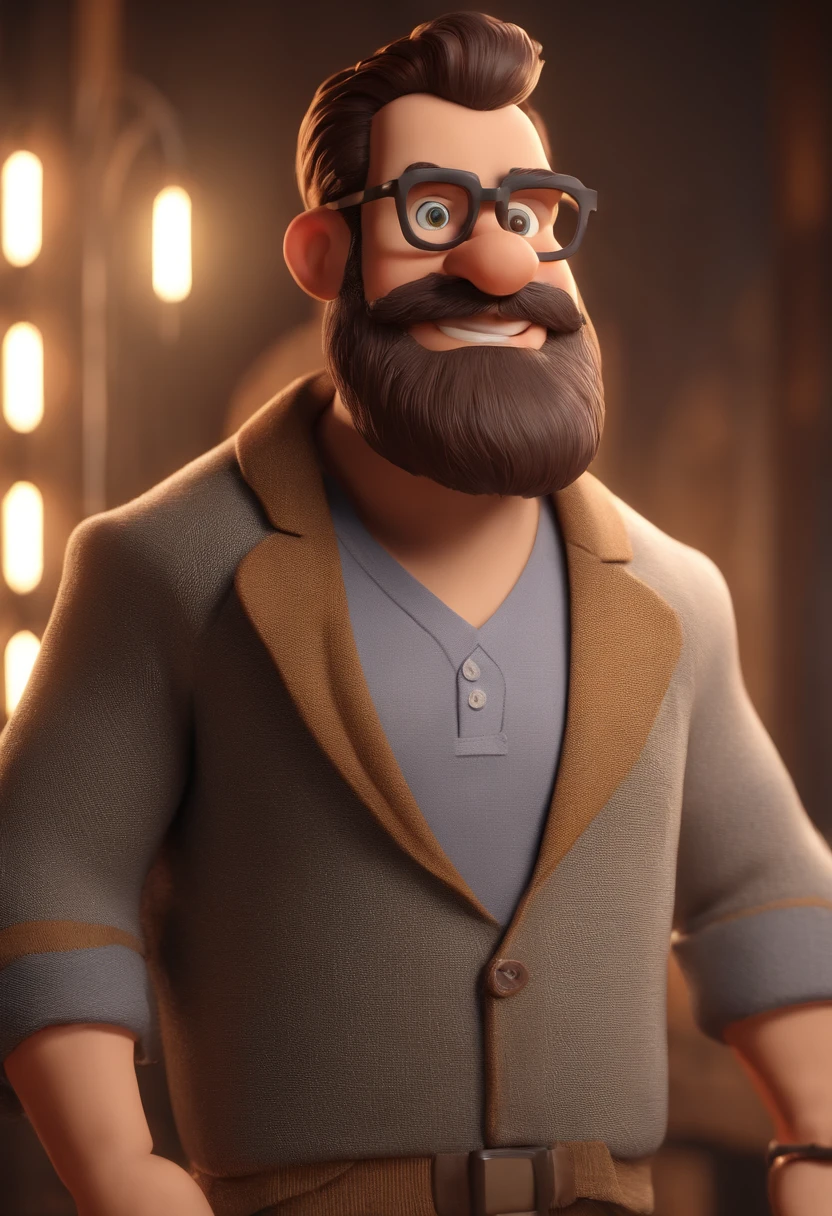 Cartoon character of a man with black glasses, Full beard and a brown sweater, animation character, Caractere estilizado, animation style rendering, 3D estilizado, Arnold Maya render, 3 d render stylized, toon render keyshot, Personagem 3D, Personagem 3D, 3d rendering stylized, 3 d character render, personagem de desenho animado, Personagem de close up, Pose de personagem, (Estilo Pixar) (master part:1.2) (Bokeh) (melhor qualidade) (pele detalhada) (textura detalhada) (8k) (argila) (Cinematic lighting) (foco nítido)