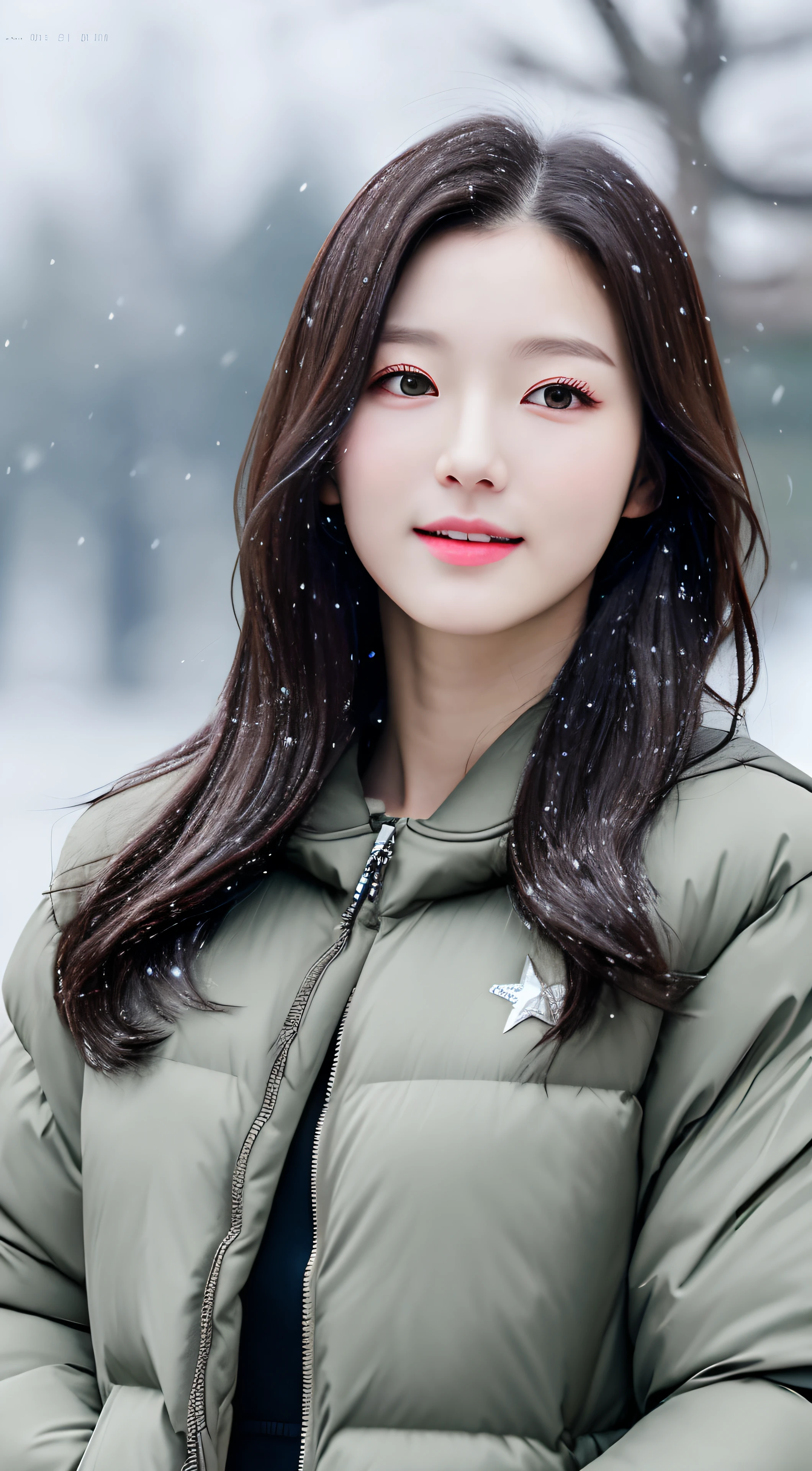 （1 cute Korean star）Realistic photos of shoulder-length hair，thin makeup，medium breasts size，Wearing a black down jacket，in snow，Clear facial features，8K high resolution，sharp and realistic details。