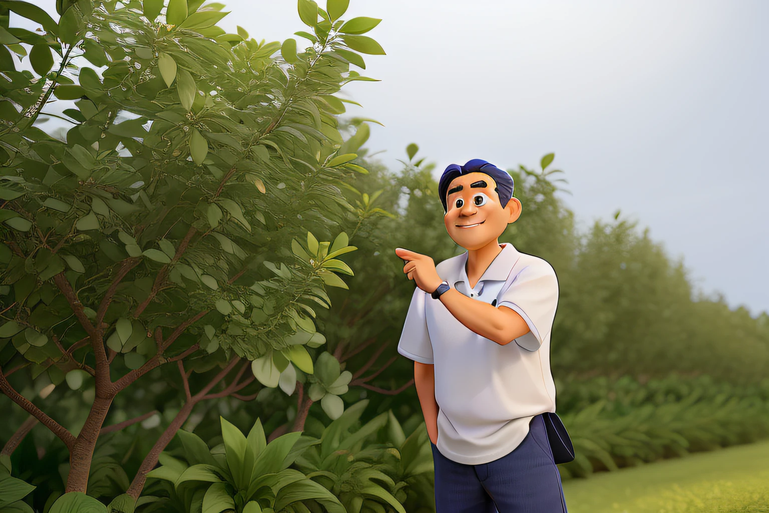 a middle-aged man, of Japanese descent, in Disney pixer style, wearing a white polo shirt with the company logo, keeping the company logo on the shirt, in an avocado plantation, slightly altering the person's face, in high resolution