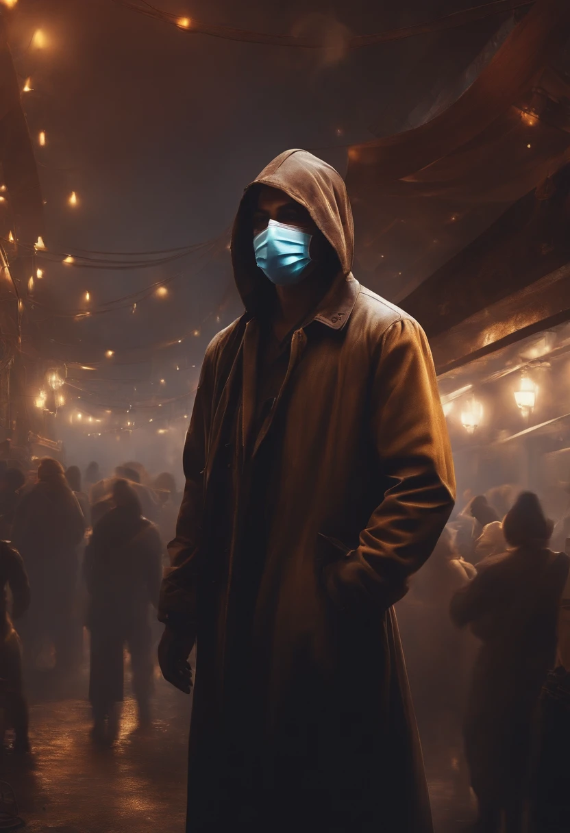 I want a 2D male character wearing a mask in a pandemic background environment with multiple people in mask