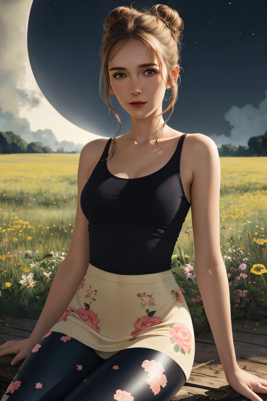 (Best Quality, tmasterpiece:1,1), ((young Bojana Novaković)), hair in a bun, in a short sundress, (Lightweight floral print leggings), Meadow, By the light of the moon, A satisfied look ,Feminine Pose, ((Henry-Clive's style)), the golden ratio, Detailed Illustration, grotesque, Complicated details, chilling, (aesthetics), excitement, Hyper-realistic, insanely detailed,