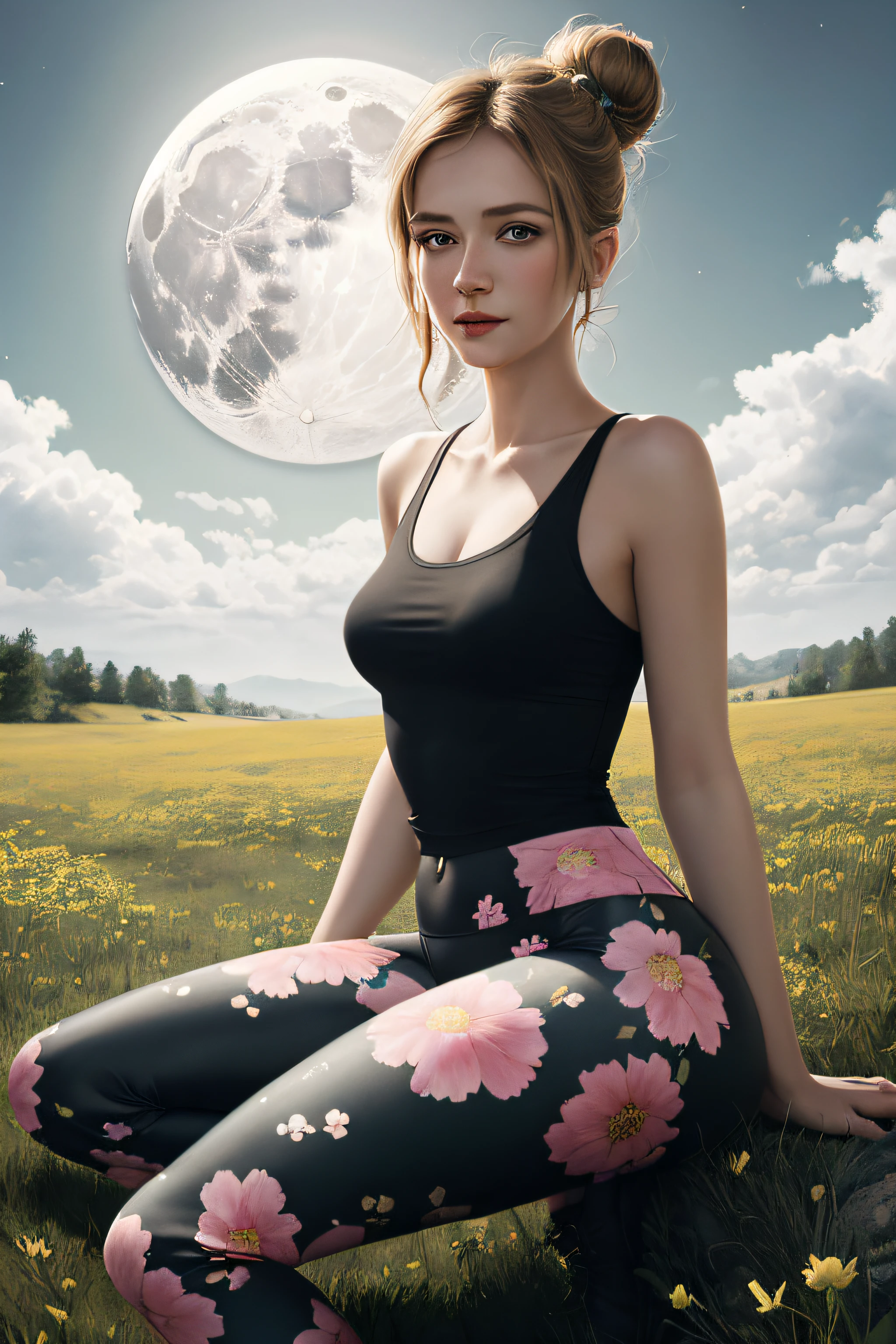 (Best Quality, tmasterpiece:1,1), ((young Bojana Novaković)), hair in a bun, in a short sundress, (Lightweight floral print leggings), Meadow, By the light of the moon, A satisfied look ,Feminine Pose, ((Henry-Clive's style)), the golden ratio, Detailed Illustration, grotesque, Complicated details, chilling, (aesthetics), excitement, Hyper-realistic, insanely detailed,