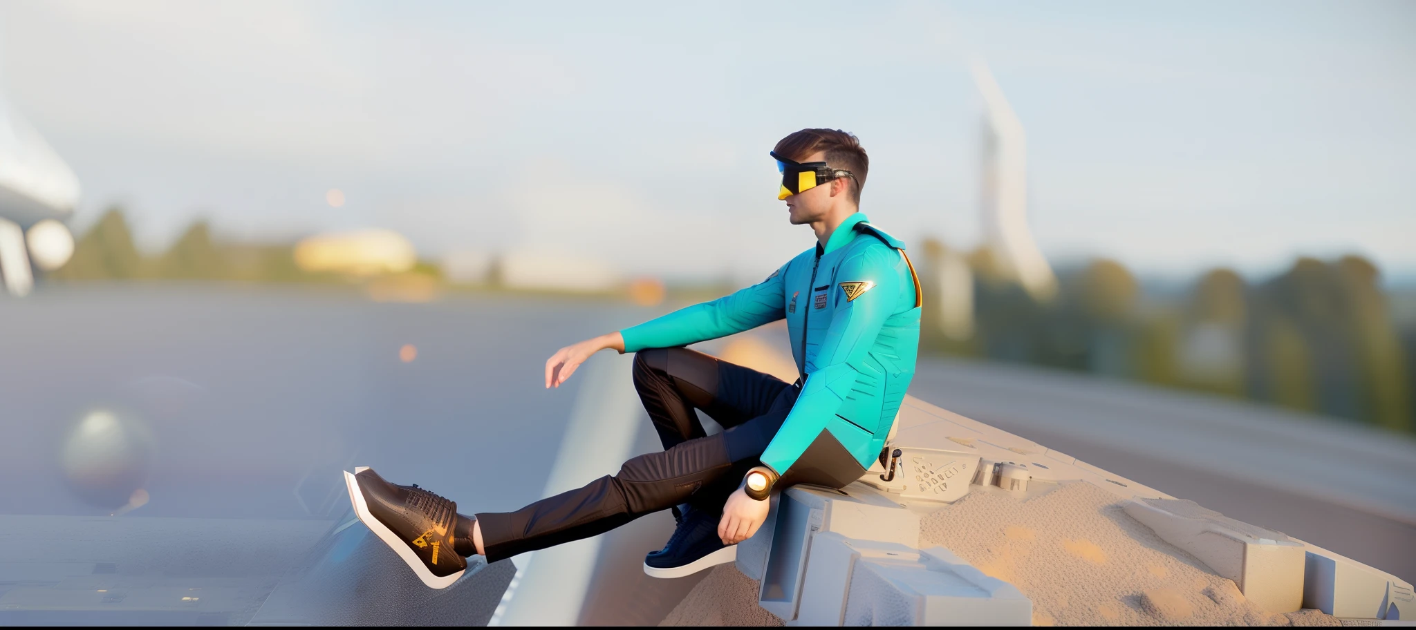 fking_scifi, award-winning photo of a man, black flight suit with yellow accents, brown hair, (gray eyes:1.35), square jawline, asymmetric face, standing in front of a window on a space ship, 80mm, bokeh, mass effect, close up, fking_cinema_v2