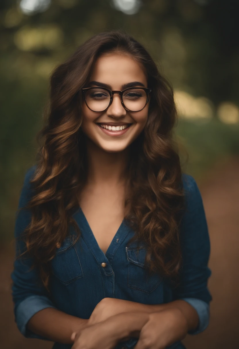 Uma mulher de 18 anos, com longos cabelos castanhos, Rosto redondo, sorriso encantador, e olhos castanhos, wearing glasses.