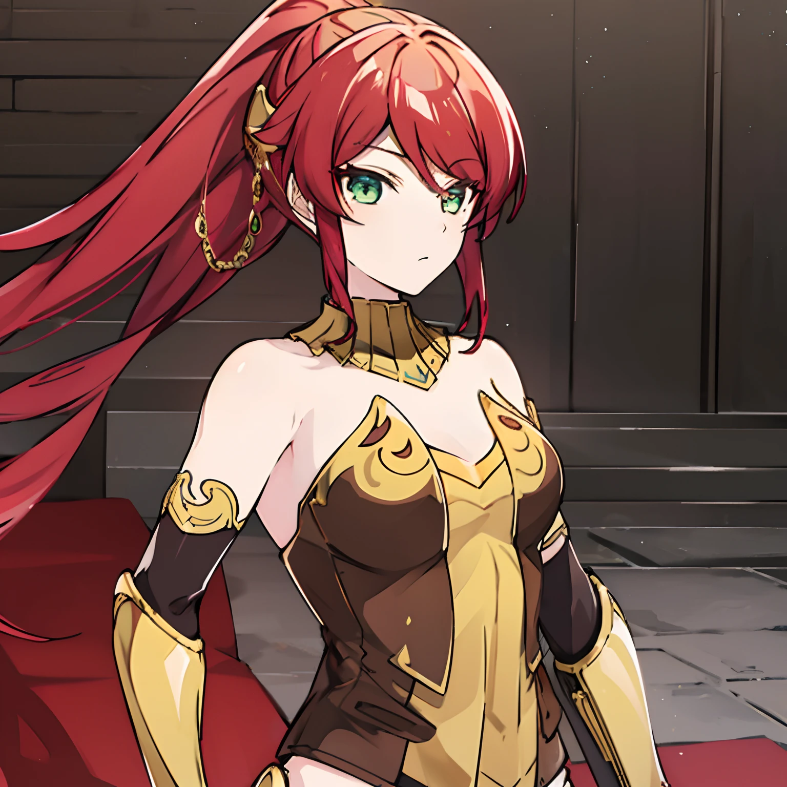 Pyrrha Nikos, nffsw, Metalbound, armor, Gold Jewels, Redheads are very detailed, 8k octane, nffsw, ultra-detailliert, Best Quality, Highest Quality, Realistic lighting, hyperdetails､small tits