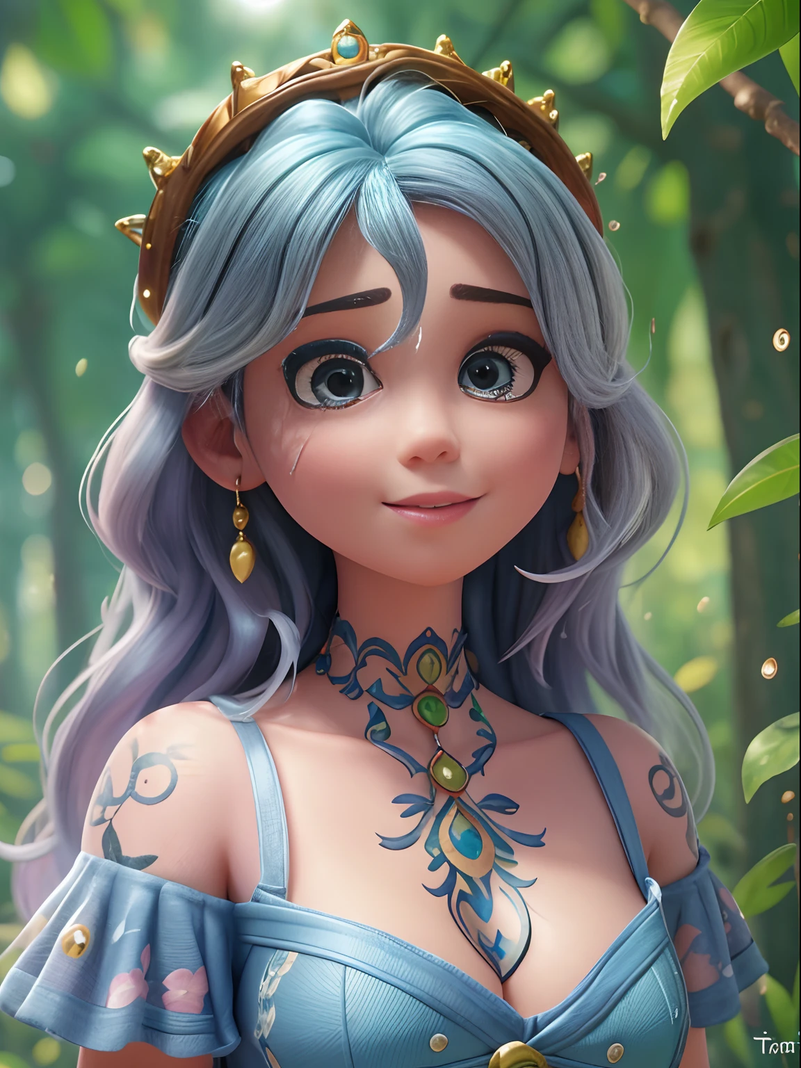 Rainha da natureza, olhos rooty, cabelo vermelho ,  olhos azuis  cintilantes, rosto de deusa beautifull, tatuagem, brincos, coroado, gargantilha, Detailed magic dress, floresta, Impeccable, fantasia, Luminism, magic light, cinemactic, hiper realista, render motor irreal, 4k, tiro longo, olhando para o espectador, centrado, clear, ultra detalhe