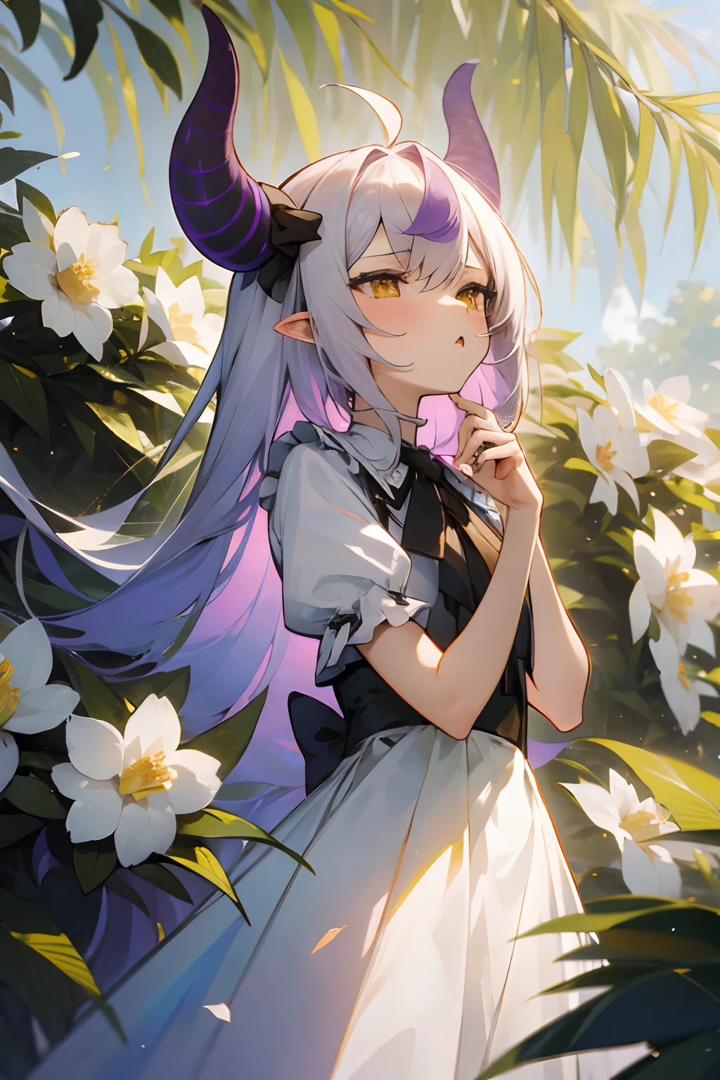 ((Laplus darkness)), ((masterpiece)), (Professional Photography:1.2), camelliamix，White ，Beautiful flowers bloom，one-girl，((In her mouth, There is a blooming camellia))，standing under a tree，（head looking up）Look at the tree，Natural soft light，macaron，Still ethereal，Crisp and smooth lines，radiant morning light，soft luminescent glow，