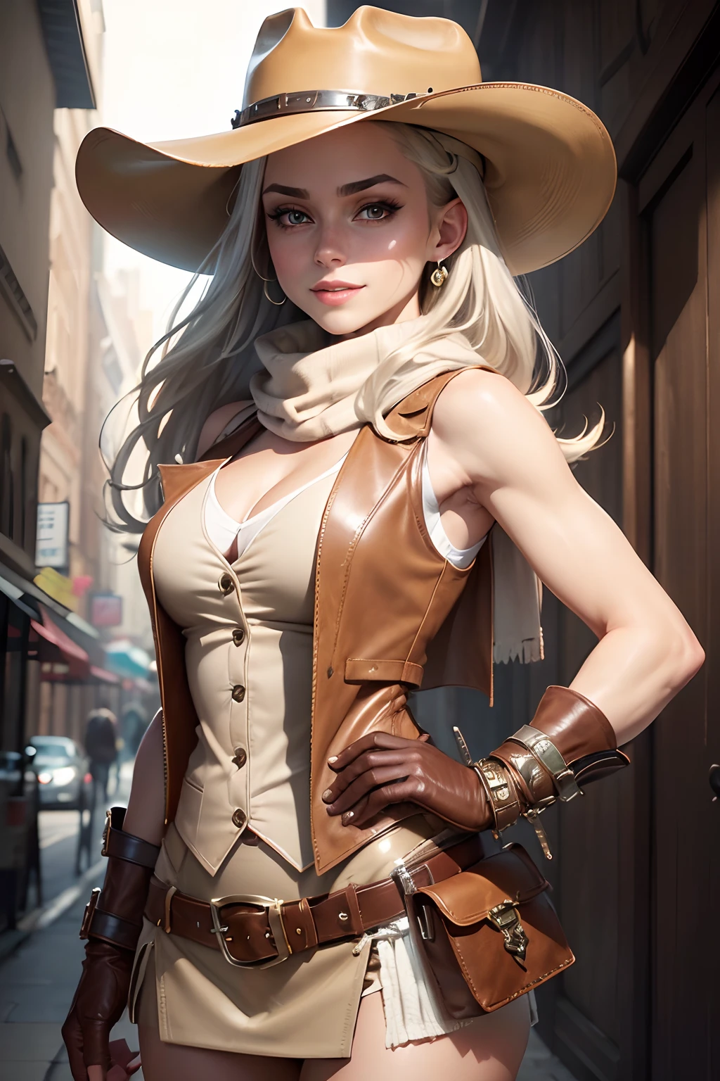 (best quality, 4k, 8k, highres, masterpiece:1.2), ultra-detailed, detailed face, detailed lips and eyes, attractive appearance, expressive face, realistic,BREAK Valerie the Thief beautiful caucasian woman with messy wavy shoulder length blonde hair, 23 years old, ((big eyes)), ((brown eyes)), brown eyebrows, fair skin, lean and athletic, (smiling),BREAK (beige and brown theme:1.4),(ten-gallon hat:1.5),(wear a (open beige leather vest) over a white tank top:1.5),((sleeveless, bare shoulders, cleavage):1.3),(beige mini-skirt with fringe:1.4),BREAK (white inner:1.2),(checkered-pattern cowboy-scarf:1.2),(silver oval belt-buckle:1.3),(western-boots with spur:1.1),(holster on belt:1.3),(brown leather gloves:1.2)