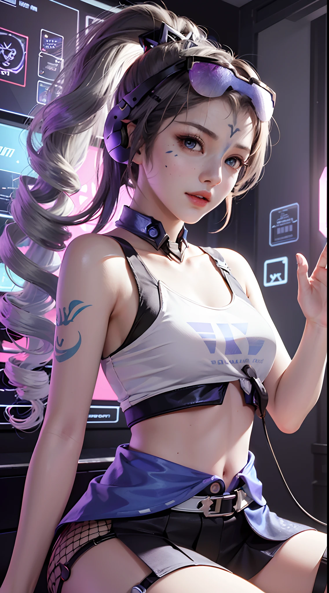 (((((7 avatar shot)))), Silver Wolf, Masterpiece, Best Quality, Ultra Detailed, Extremely Detailed 16k CG Wallpaper, Beautiful Face, (Silver Wolf in Esports Room), (Perfect Beautiful Curved Figure), Seated, Rainbow Color Jewel Eyes, Wearing Resin Hologram Sports Bra, Crop Top Drape, Mini Pleated Skirt, Bell Collar, Logo, Impotence, Contour Light, Concert, Neon Sign, Audio, Bell Collar, Esports Headset, Computer, Esports Room, Play Games, White Interior Through Red Skin, holographic projection, flat sphere, graffiti logo, highly detailed tattoo_,
Authoring information