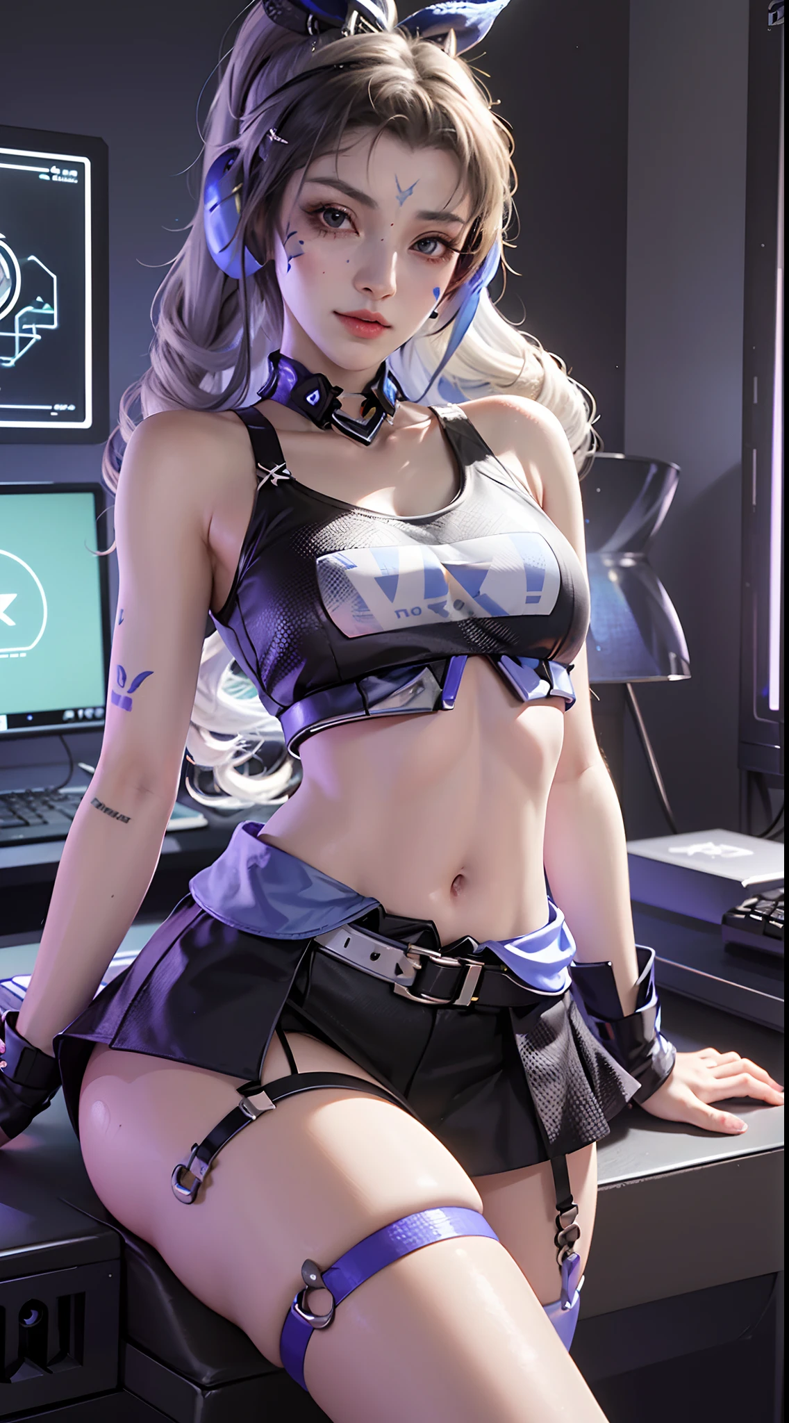 (((((7 avatar shot)))), Silver Wolf, Masterpiece, Best Quality, Ultra Detailed, Extremely Detailed 16k CG Wallpaper, Beautiful Face, (Silver Wolf in Esports Room), (Perfect Beautiful Curved Figure), Seated, Rainbow Color Jewel Eyes, Wearing Resin Hologram Sports Bra, Crop Top Drape, Mini Pleated Skirt, Bell Collar, Logo, Impotence, Contour Light, Concert, Neon Sign, Audio, Bell Collar, Esports Headset, Computer, Esports Room, Play Games, White Interior Through Red Skin, holographic projection, flat sphere, graffiti logo, highly detailed tattoo_,
Authoring information