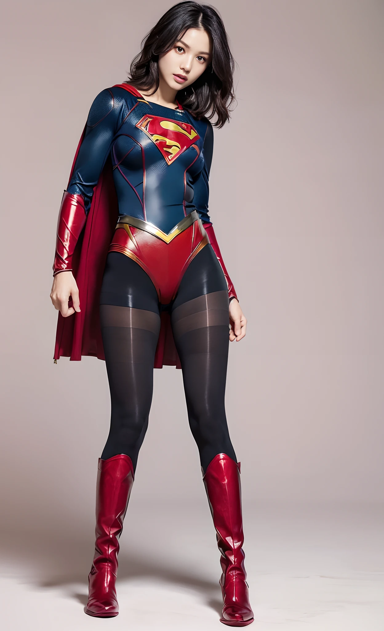 No background、(((Beautiful legs in black tights.)))、(((Legally express the beauty of your smile)))、((((Make the most of your original images)))、(((Supergirl Costume)))、(((Beautiful short bob hair)))、(((suffering)))、(((Please wear black tights....、Wear red boots)))、((Best image quality、8k))、((Highest quality、8k、masterpiece:1.3))、(((Preserve background )))、Sharp focus:1.2、Beautiful woman with perfect figure:1.4、Slim Abs:1.2、Wet body:1.5、Highly detailed face and skin texture、8k