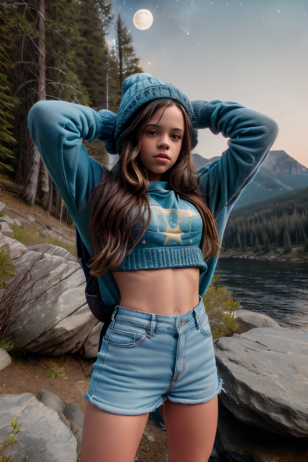 1girl, Jenna Ortega, ((upper body happy)), masterpiece, best quality, ultra-detailed, solo, outdoors, (night), mountains, nature, (stars, moon) cheerful, happy, backpack, sleeping bag, camping stove, mountain boots, gloves, mini sweater top, bare belly, hat, flashlight, forest, rocks, river, wood, smoke, shadows, contrast, clear sky, Jeans minishort, analog style, (look at viewer:1.2), (skin texture), (film grain:1.3), (warm hue, warm tone :1.2), close up, cinematic light, sidelighting, ultra high res, best shadow, RAW, upper body, wearing pullover top.