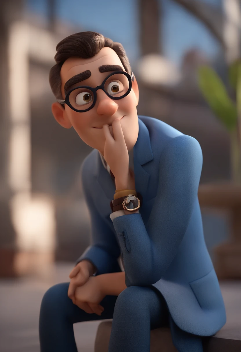 Cartoon character of a man wearing black glasses and a blue shirt, um personagem animado, Caractere estilizado, animation style rendering, 3D estilizado, Arnold Maya render, 3 d render stylized, toon render keyshot, Personagem 3D, Personagem 3D, 3d rendering stylized, 3 d character render, personagem de desenho animado, Personagem de close up, Pose de personagem, (Estilo Pixar) (master part:1.2) (Bokeh) (best quality) (pele detalhada) (textura detalhada) (8k) (argila) (Cinematic lighting) (foco nítido，Senta e vaza a parte superior do corpo