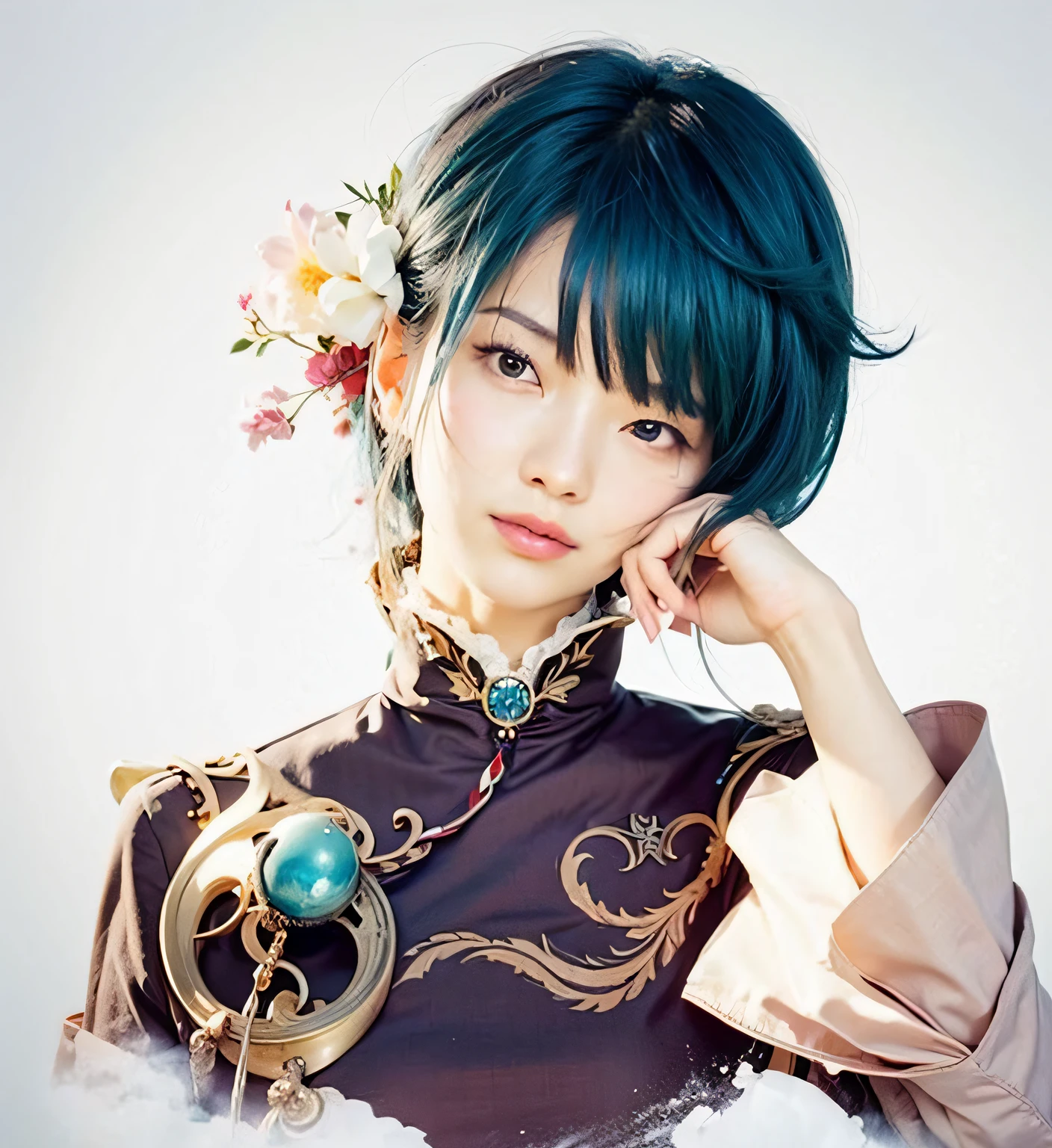 asian girl, blue hair, high res, ultrasharp, 8K, masterpiece, looking at viewer, photorealistic, no background