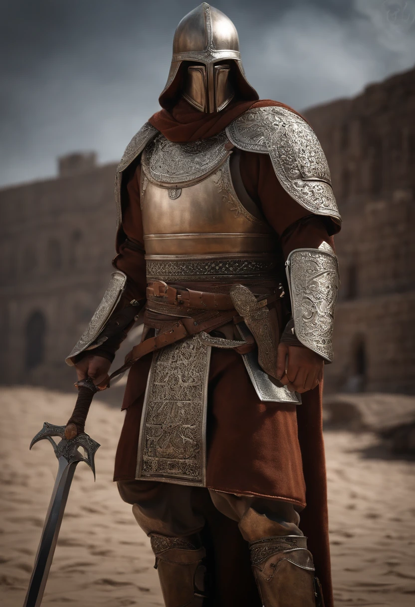 (islamic muslim arabic:1.3) (melhor qualidade,4k,8k,Altas,master part:1.2),ultra-detalhado,(Realistic,fotorrealista,photo-realistic:1.37),medieval,armadura mandaloriana,armadura brilhante,espadas itwo,Espadas brilhantes,guerreiro,rosto lindamente detalhado,sharp facial features,olhos expressivos,Determined expression,Macho,postura heroica,dramatic lighting,fundo aventureiro,paisagem de fantasia,atmosfera mal-humorada,vivid colors,Medieval islamic inspiration,metal textures,Epic Battle,historical warrior,combate tradicional,cavaleiro corajoso,Valor,momento triunfante,perspectiva envolvente,Ancient relics,Stoic presence,ancient ruins,Mystical aura,aura poderosa,Esgrima,guerreiro habilidoso,gravuras de armadura,combate intenso,pose majestosa,detalhes ornamentados,pontaria,Authentic costumes,figura imponente,Legendary fighter,honra e Valor,brilho lustroso,atmosfera de pressentimento,timeless hero,Uncompromising spirit, Armadura Medieval, Capacate de Cavaleiro Europeu; Carregando dois sabres de luz do Kylo Ren, Dual Wielding;
