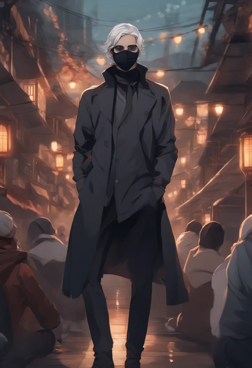 I want a male anime style 2d character wearing a mask in a pandemic background environment with multiple people in a mask
