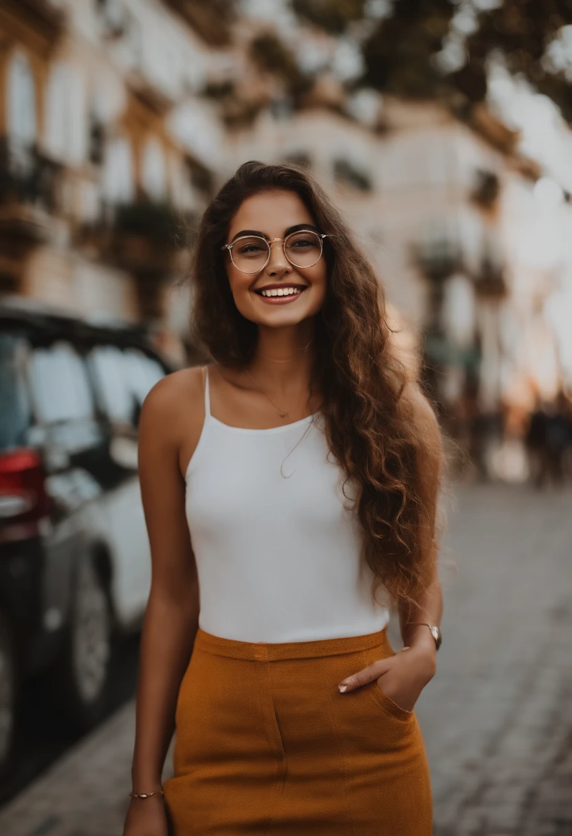 Uma mulher de 18 anos, com longos cabelos castanhos, Rosto redondo, sorriso encantador, e olhos castanhos, wearing glasses.