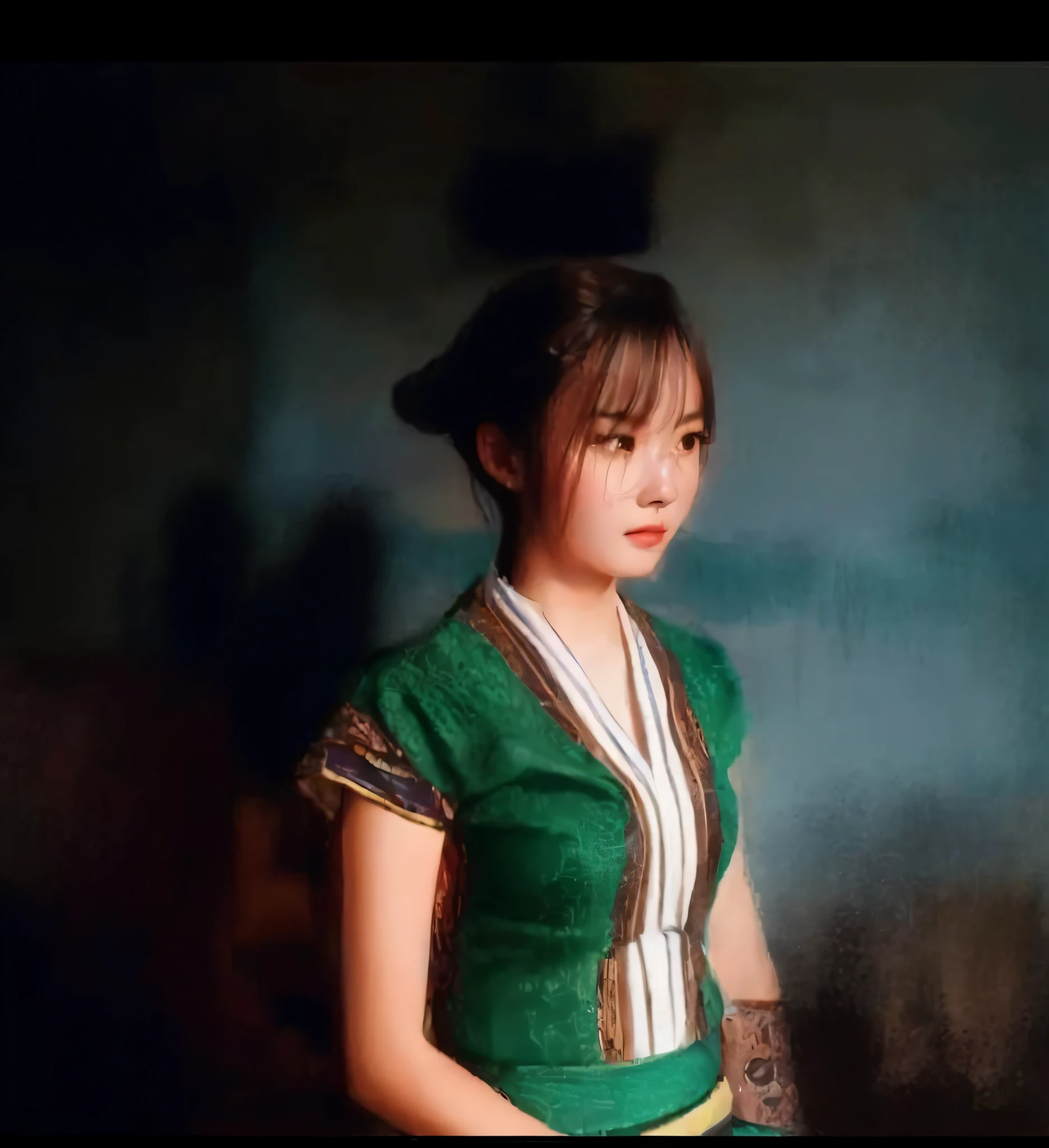 there is a woman standing in front of a wall with a cell phone, in a oil painting style, in style of lam manh, chinese girl, inspired by Hu Zao, inspired by Yi Yuanji, very very low quality picture, 🤤 girl portrait, traditional beauty, traditional dress, portait photo profile picture, inspired by Li Fangying