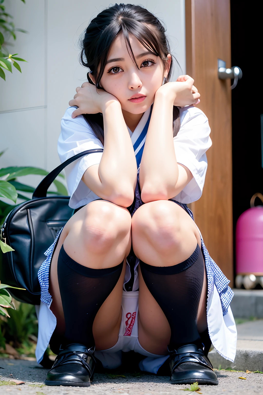 Arab-asian woman sitting on the ground with her hands on her knees, the anime girl is crouching, a hyperrealistic schoolgirl, pretty face with arms and legs, Realistic Young Gravure Idol, japanese girl school uniform, wearing japanese school uniform, Japan school uniform, zora々Shishi Japan of Girls, Young Pretty Gravure Idol, Young Gravure Idol
