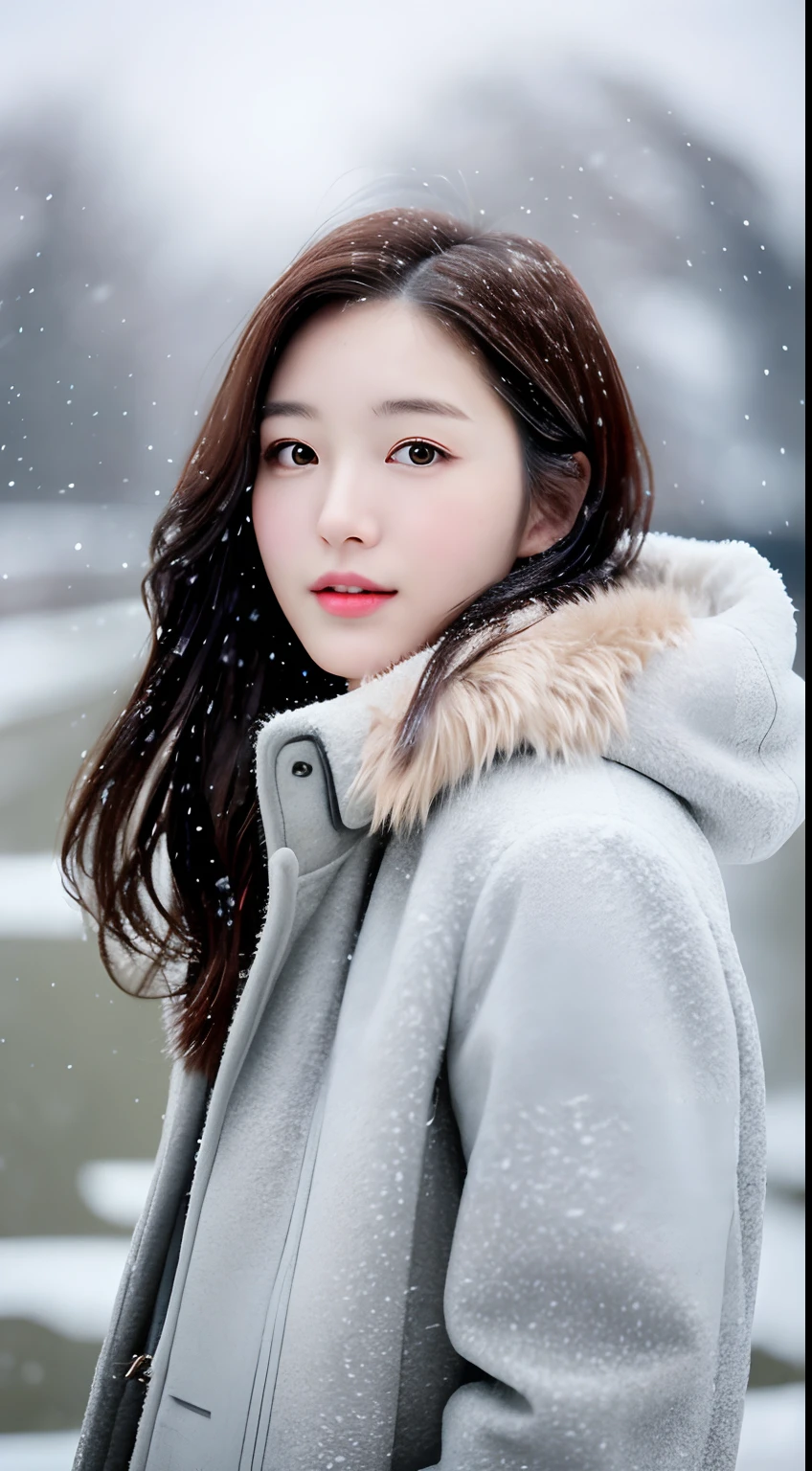 realistic photos of (1 cute Korean star) Shoulder-length hair, thin makeup, medium breasts size, wearing coat, in the snow, clear facial features, 8K high resolution, sharp and realistic details.from outside, Eye-Level Shot, f/4.0, 135mm, Fujifilm, jpeg artifacts, dithering, UHD, masterpiece