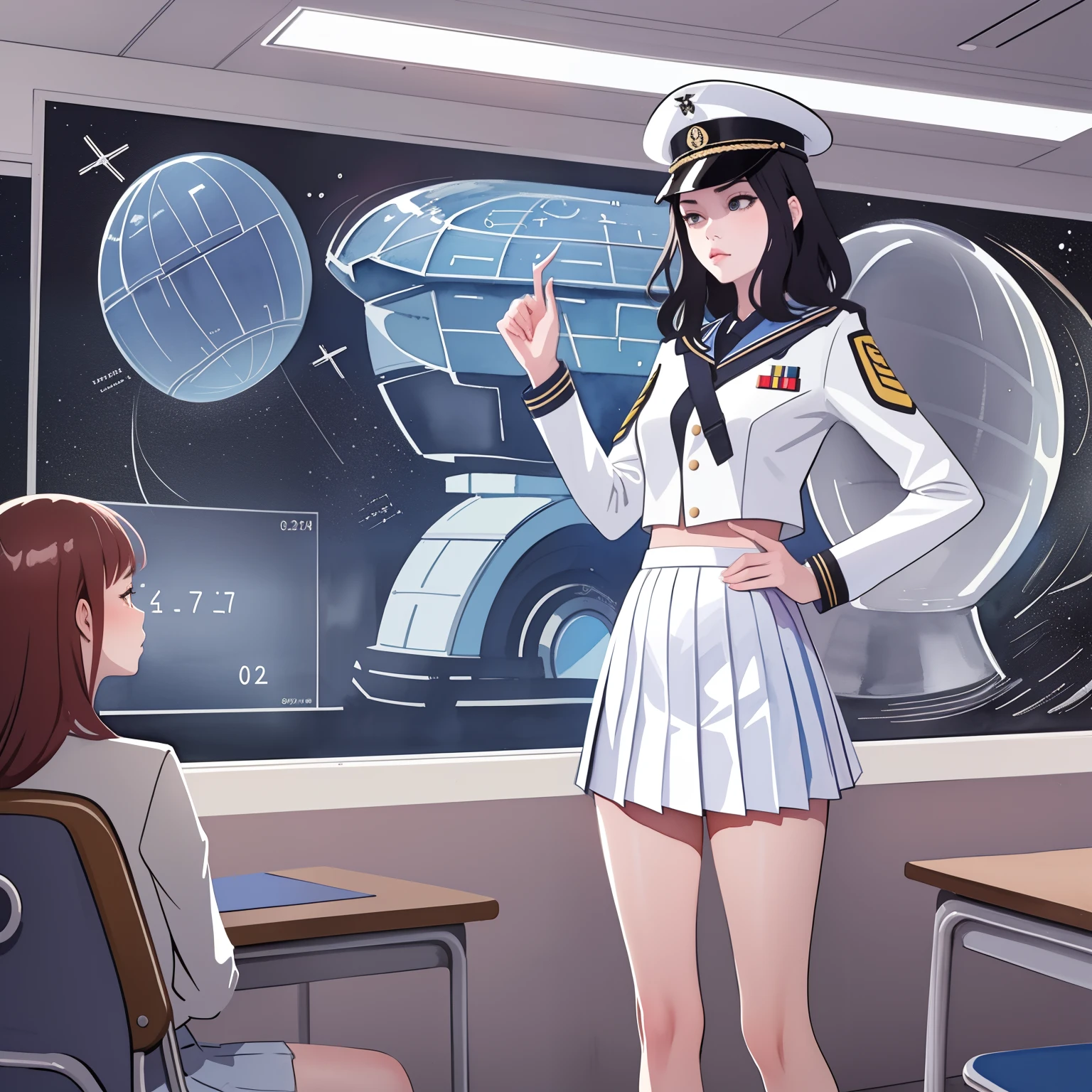 (masterpiece:1.2, best quality), 2girls, teen girl, white space cadet uniform, military hat, short pleated skirt, serious, stressed, standing by holographic board displaying math shapes, exam in classroom, spaceship interiors, sci-fi, futuristic, anime minimalist, watercolor