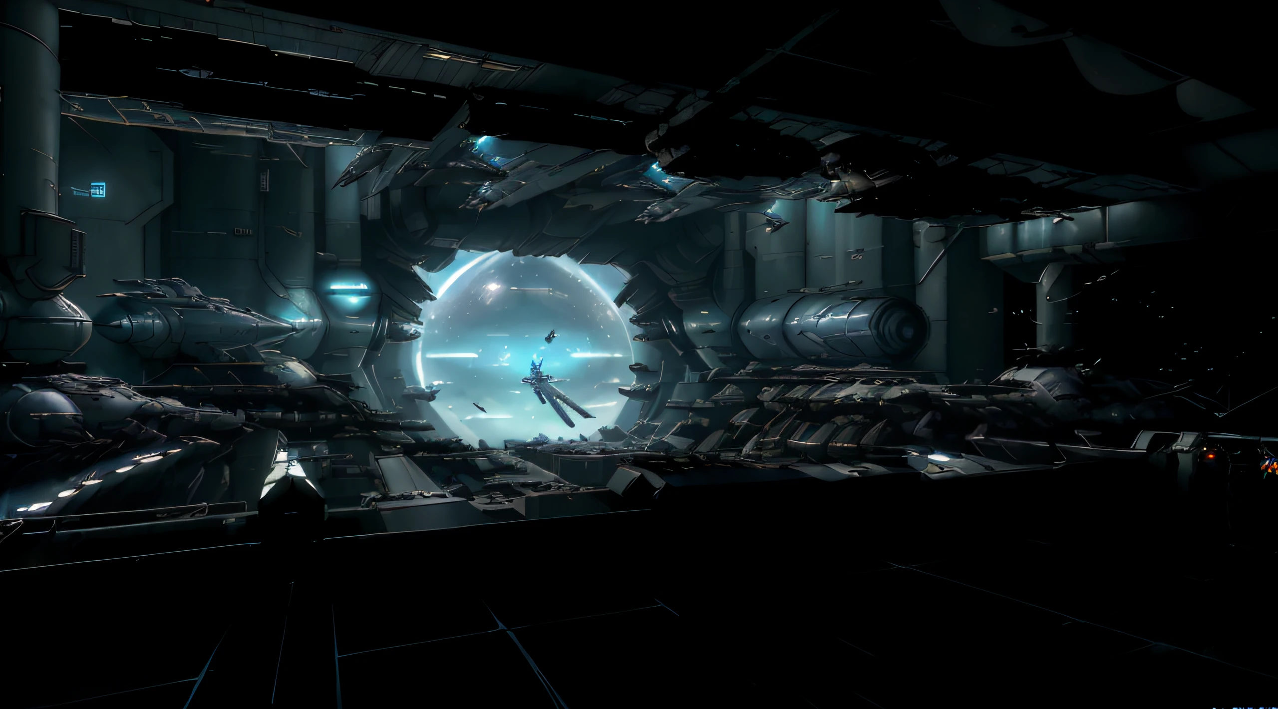 arafed view of a futuristic space station with a large screen, inside a futuristic army base, star citizen halo, galaxy raytracing, standing in a starbase bar, aurora spaceship environment, stood inside a futuristic lab, star citizen digital art, star citizen concept art, futuristic scientific laboratory, space station interior, tron legacy setting, concept art. 8 k, futuristic laboratory, maintenance room, transport room, command bridge design, big cockpit, consoles