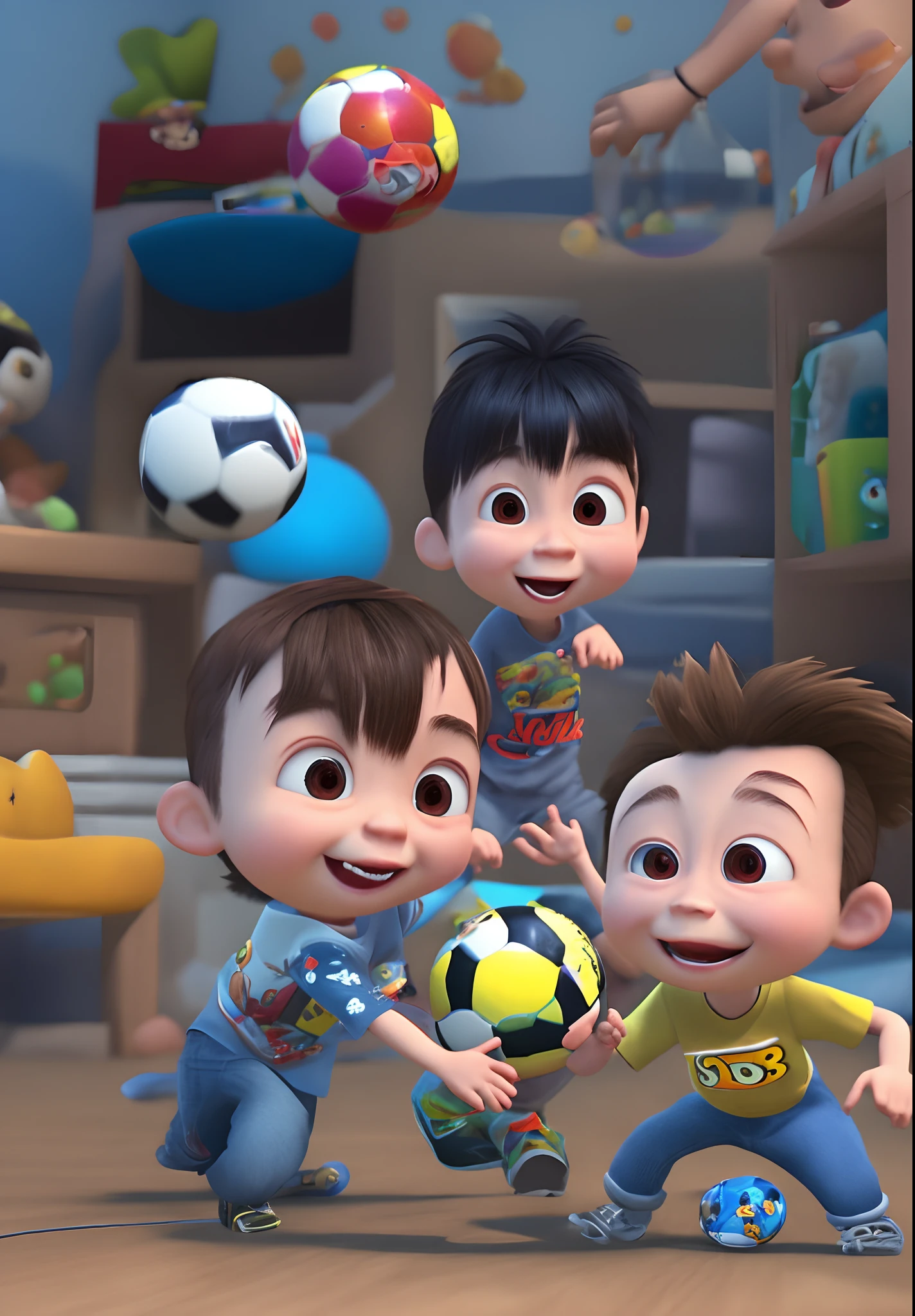 Pixar 3D Style Japanese 3 Year Old Boy, gordinho, cabelos pretos, curtos jogando bola, nome Gustavo