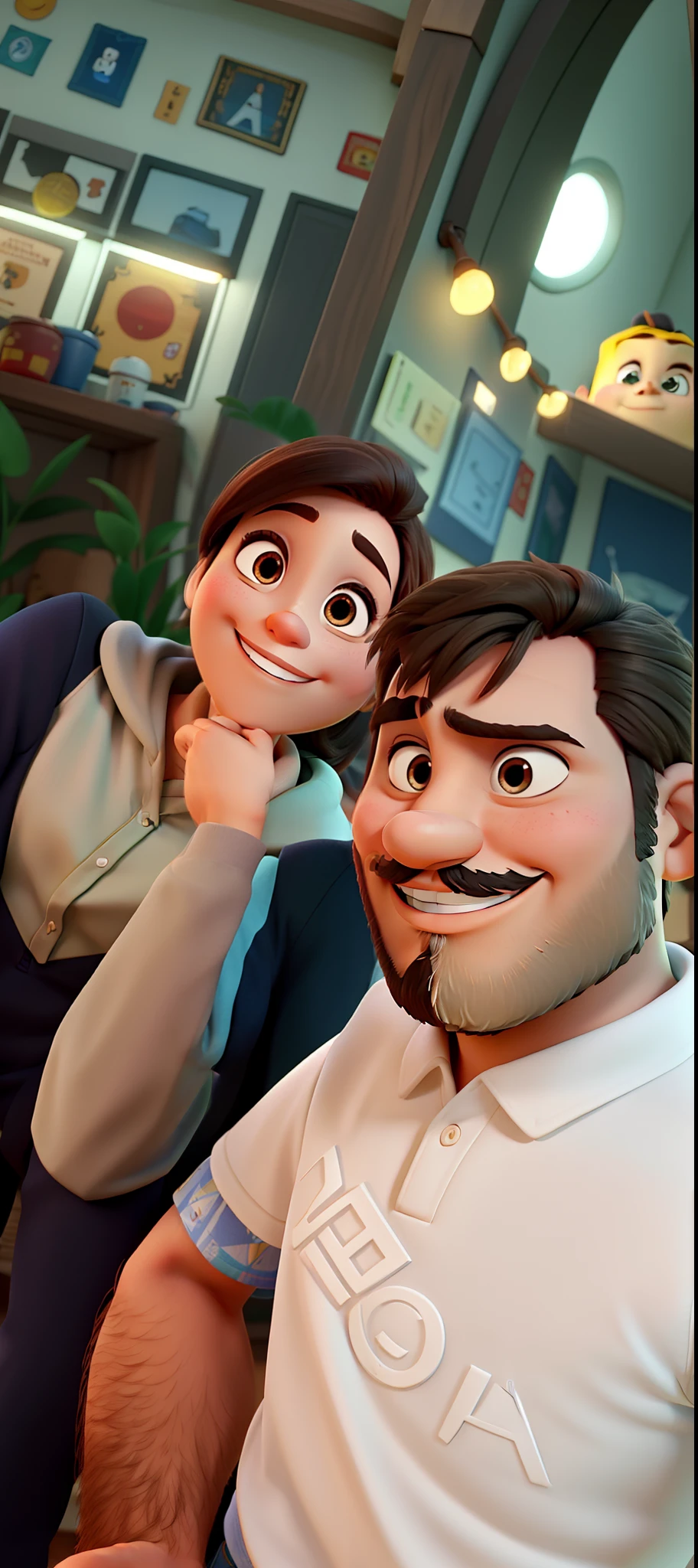 casal homem com barba e mulher ambos sorrindo no estilo Disney Pixar, alta qualidade, melhor qualidade