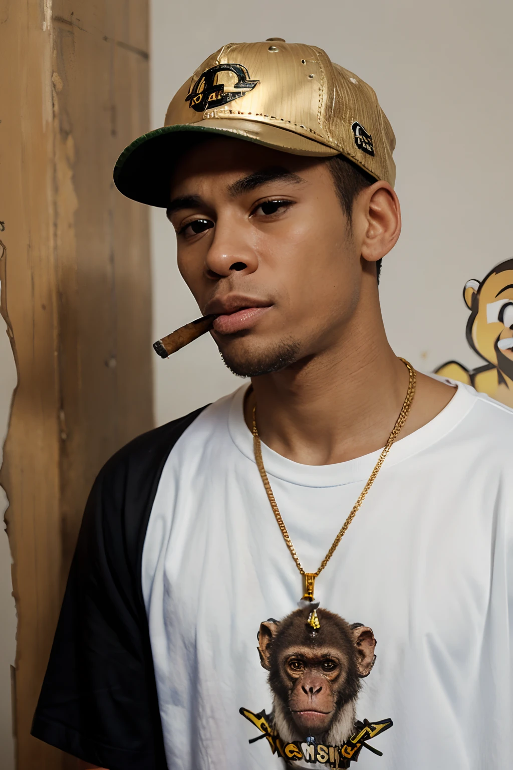 monkey smoking a marijuana cigarette, wearing a cap, teary eyes, basketball t-shirt, gold chain with a large pendant, white background, graffiti style.