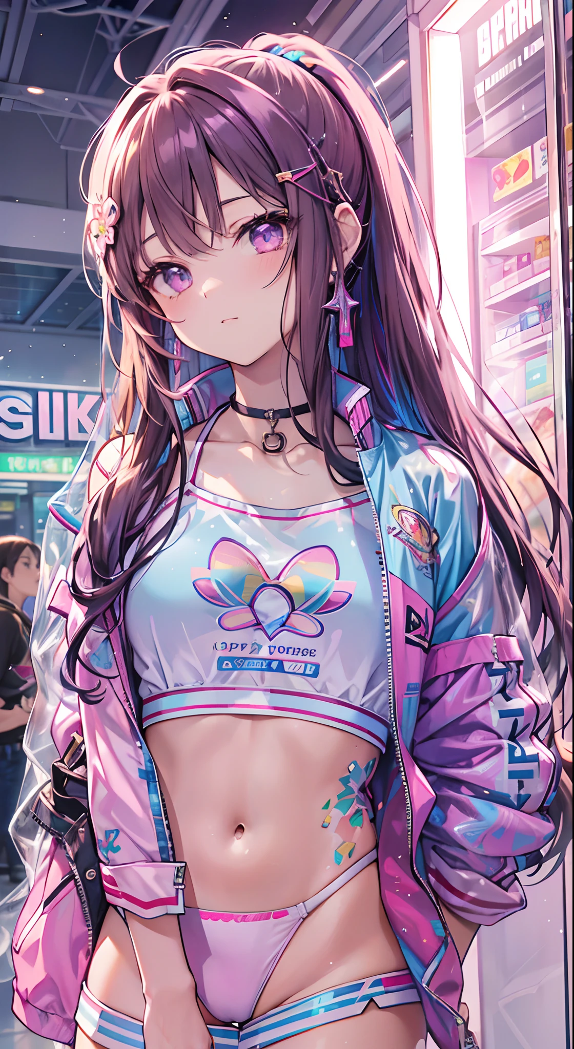 ((Masterpiece)), best quality, absurderes, ultra detailed, holographic, cowboy shot, golden ratio, super cute girl, mature girl, idol girl, super beautiful asian girl with very beautiful violet glowing eyes, beautiful glowing brown multicolored hair, high ponytail, nice and sexy body, slim body, perfect body, wearing a super tight anime printed leotard, an anime printed super tight off shoulder long sleeve crop top, a super aesthetic transparent mini jacket, beautiful hair ornament, pink jordan tennis, being photographed in a mall shop, pulling down shorts showing thong panties