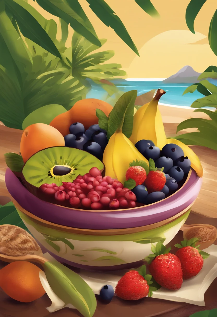 Create a vibrant digital illustration of a traditional Pará scene focusing on an açaí bowl, a popular dish from the northern region of Brazil. The illustration must have a semi-realistic or 3D style. Acai altamente cremoso. Rodea el entorno con una variedad de frutas, plantain, fresa, harina, granola. Capture the vibrant colors and textures of items
