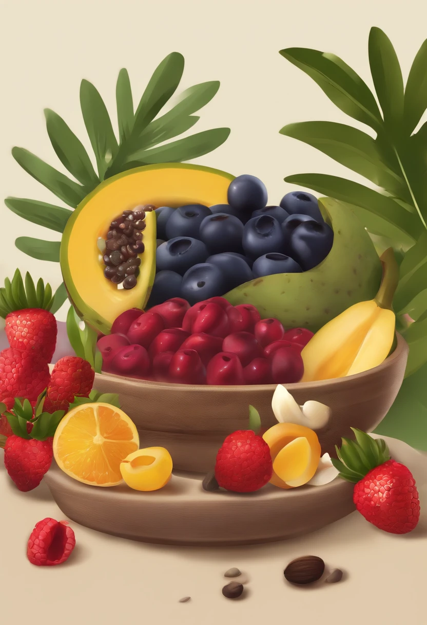 Create a vibrant digital illustration of a traditional Pará scene focusing on an açaí bowl, a popular dish from the northern region of Brazil. The illustration must have a semi-realistic or 3D style. Acai altamente cremoso. Rodea el entorno con una variedad de frutas, plantain, fresa, harina, granola. Capture the vibrant colors and textures of items