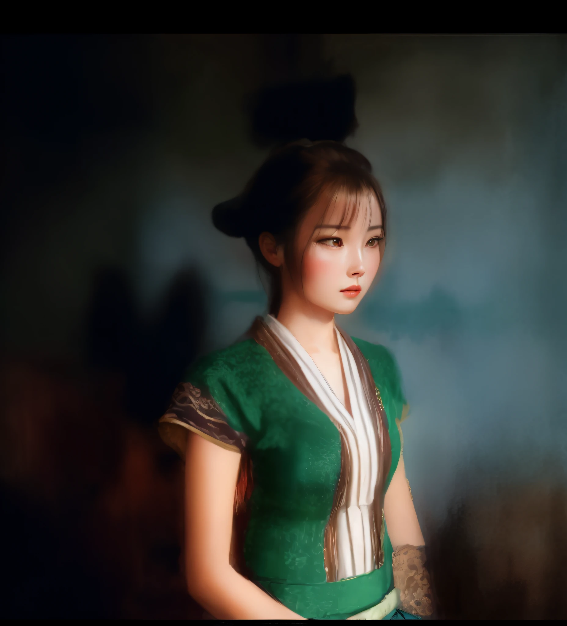 there is a woman standing in front of a wall with a cell phone, in a oil painting style, in style of lam manh, chinese girl, inspired by Hu Zao, inspired by Yi Yuanji, very very low quality picture, 🤤 girl portrait, traditional beauty, traditional dress, portait photo profile picture, inspired by Li Fangying