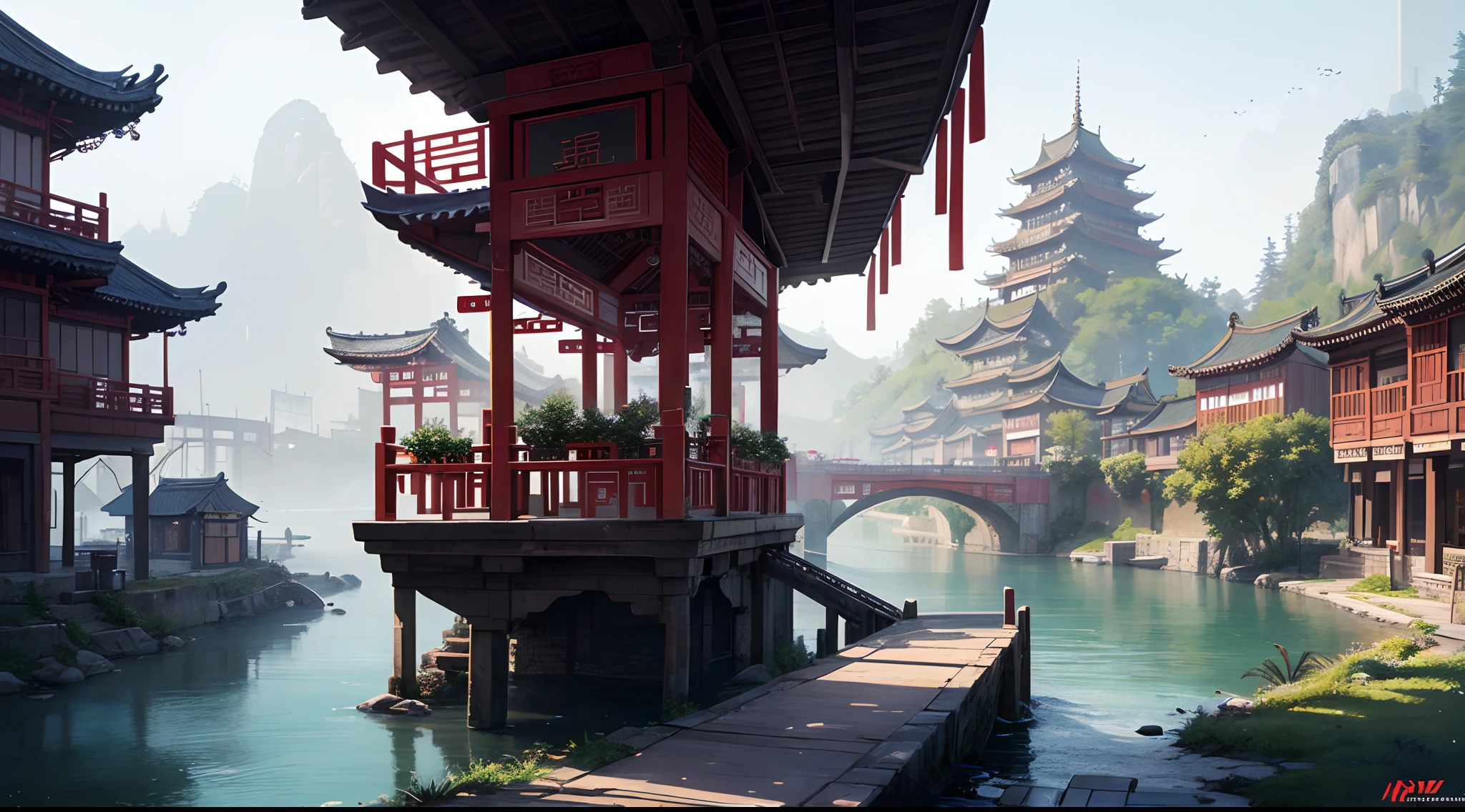 painting of a chinese village with a bridge over a river, ross tran. scenic background, digital painting of a pagoda, cyberpunk chinese ancient castle, dreamy chinese town, highly detailed digital painting, very detailed digital painting, detailed scenery —width 672, wlop and ross tran, detailed painting 4 k, detailed digital concept art, highly detailed digital artwork