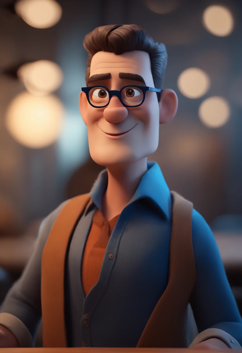 Cartoon character of a man with black glasses and a blue shirt, animation character, Caractere estilizado, animation style rendering, 3D estilizado, Arnold Maya render, 3 d render stylized, toon render keyshot, Personagem 3D, Personagem 3D, 3d rendering stylized, 3 d character render, personagem de desenho animado, Personagem de close up, Pose de personagem,  (Estilo Pixar) (master part:1.2) (Bokeh) (best quality) (pele detalhada) (textura detalhada) (8k) (argila) (Cinematic lighting) (foco nítido