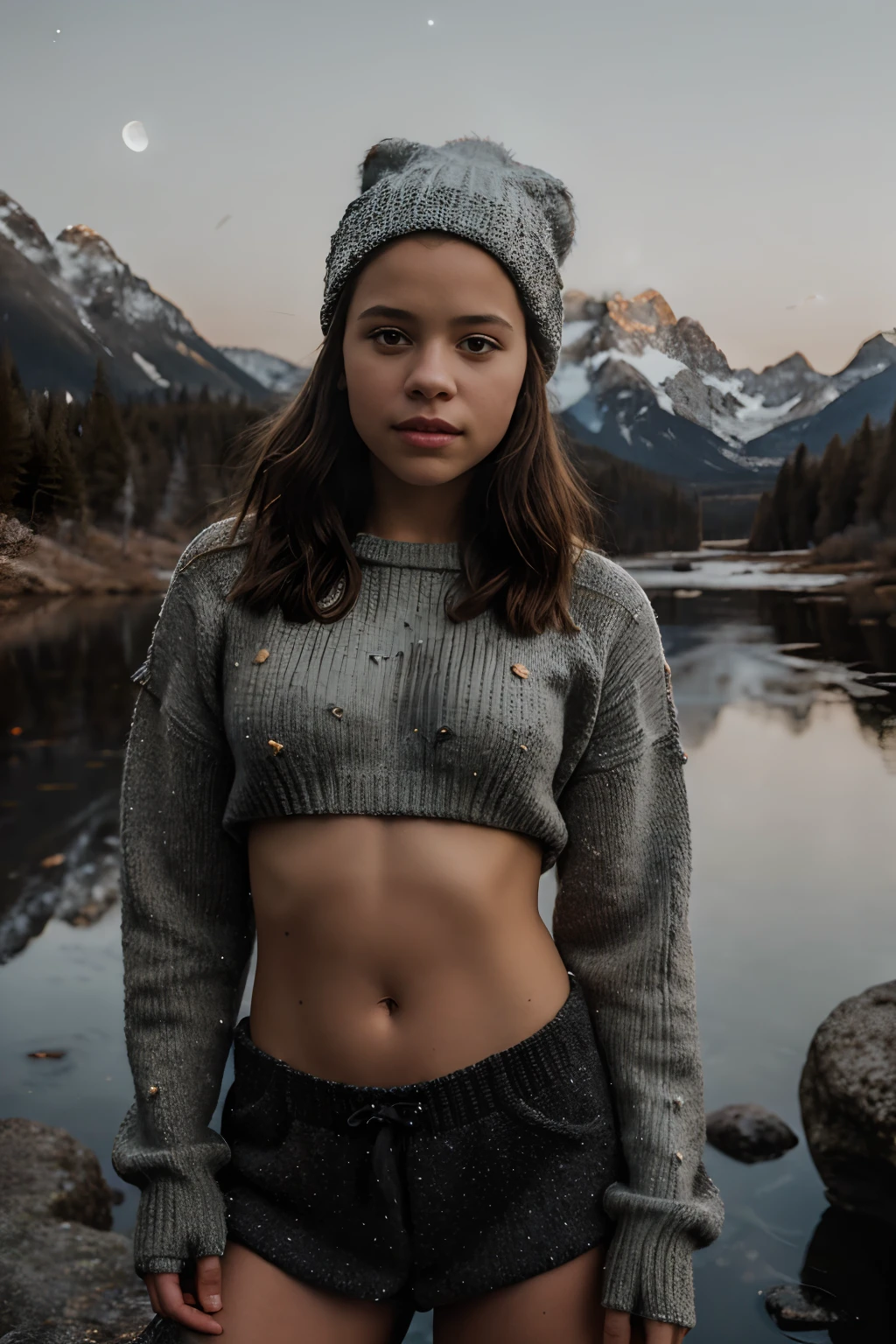 1girl, Jenna Ortega, masterpiece, best quality, ultra-detailed, solo, outdoors, (night), mountains, nature, (stars, moon) cheerful, happy, mountain boots, gloves, mini sweater top, bare belly, hat, flashlight, forest, rocks, river, wood, smoke, shadows, contrast, clear sky, analog style, (look at viewer:1.2), (skin texture), close up, cinematic light, sidelighting, ultra high res, best shadow, RAW, upper body, wearing pullover top