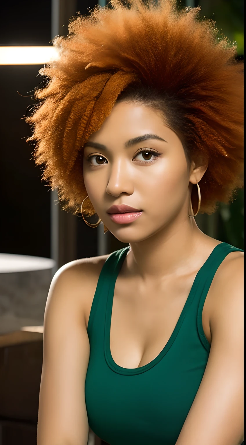 Hispanic woman with a orange Afro in a green tank top