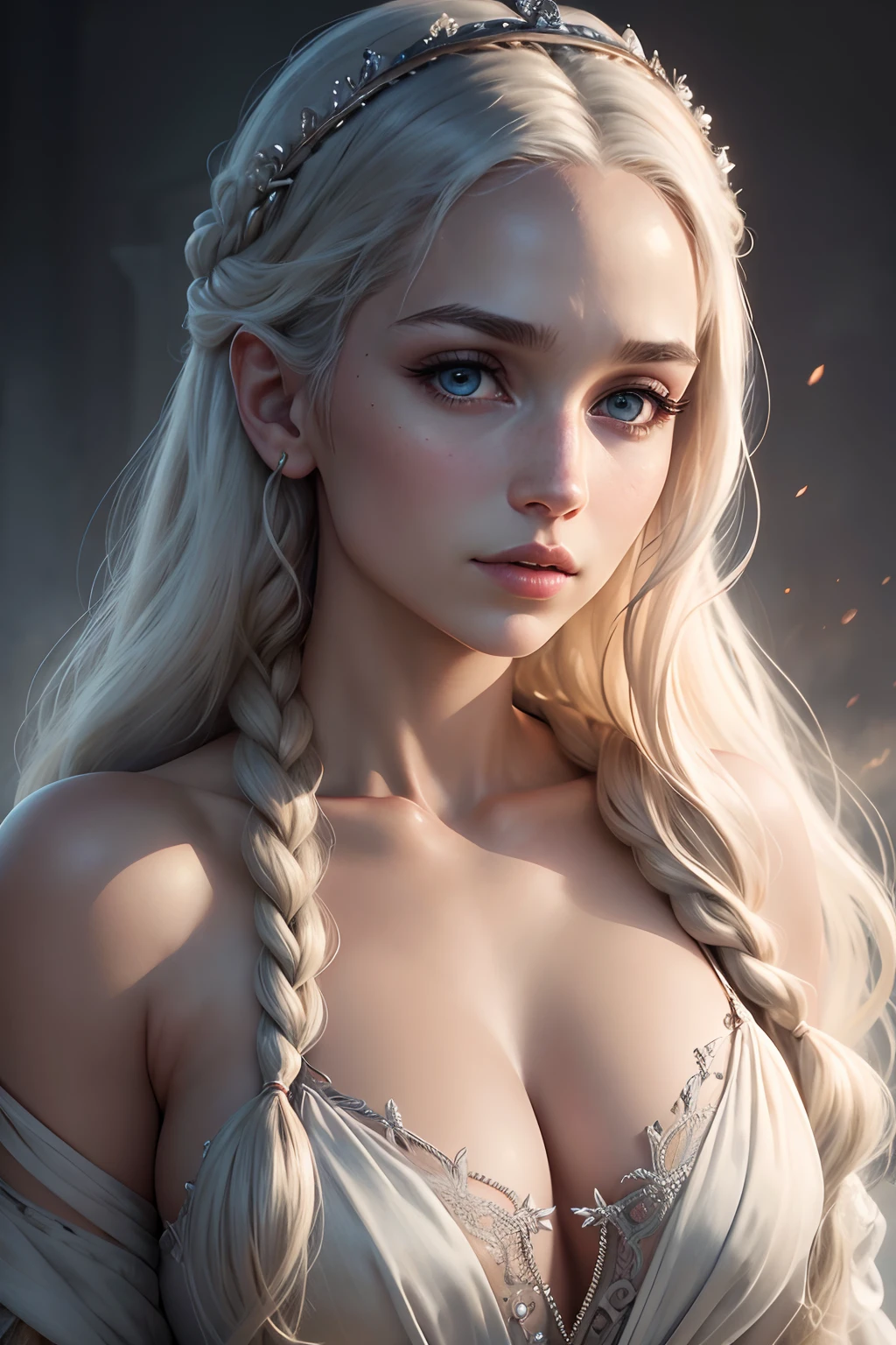 (best quality,4k,highres,masterpiece:1.2),ultra-detailed,(realistic,photorealistic,photo-realistic:1.37),Daenerys Targaryen portrait,beautiful detailed eyes,beautiful detailed lips,extremely detailed eyes and face,long eyelashes,gorgeous woman,confident expression,soft skin tones,elaborate braided blonde hair flowing down her back,flowing white dress,light blue eyes,sharp focus,stunningly vibrant colors,low-key lighting,mysterious atmosphere
