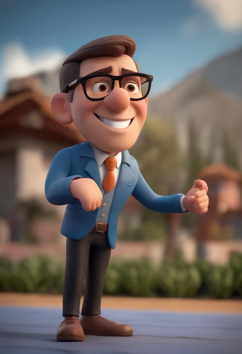 Cartoon character of a man wearing black glasses and a blue shirt, um personagem animado, Caractere estilizado, animation style rendering, 3D estilizado, Arnold Maya render, 3 d render stylized, toon render keyshot, Personagem 3D, Personagem 3D, 3d rendering stylized, 3 d character render, personagem de desenho animado, Personagem de close up, Pose de personagem, (Estilo Pixar) (master part:1.2) (Bokeh) (best quality) (pele detalhada) (textura detalhada) (8k) (argila) (Cinematic lighting) (foco nítido,Senta e vaza a parte superior do corpo