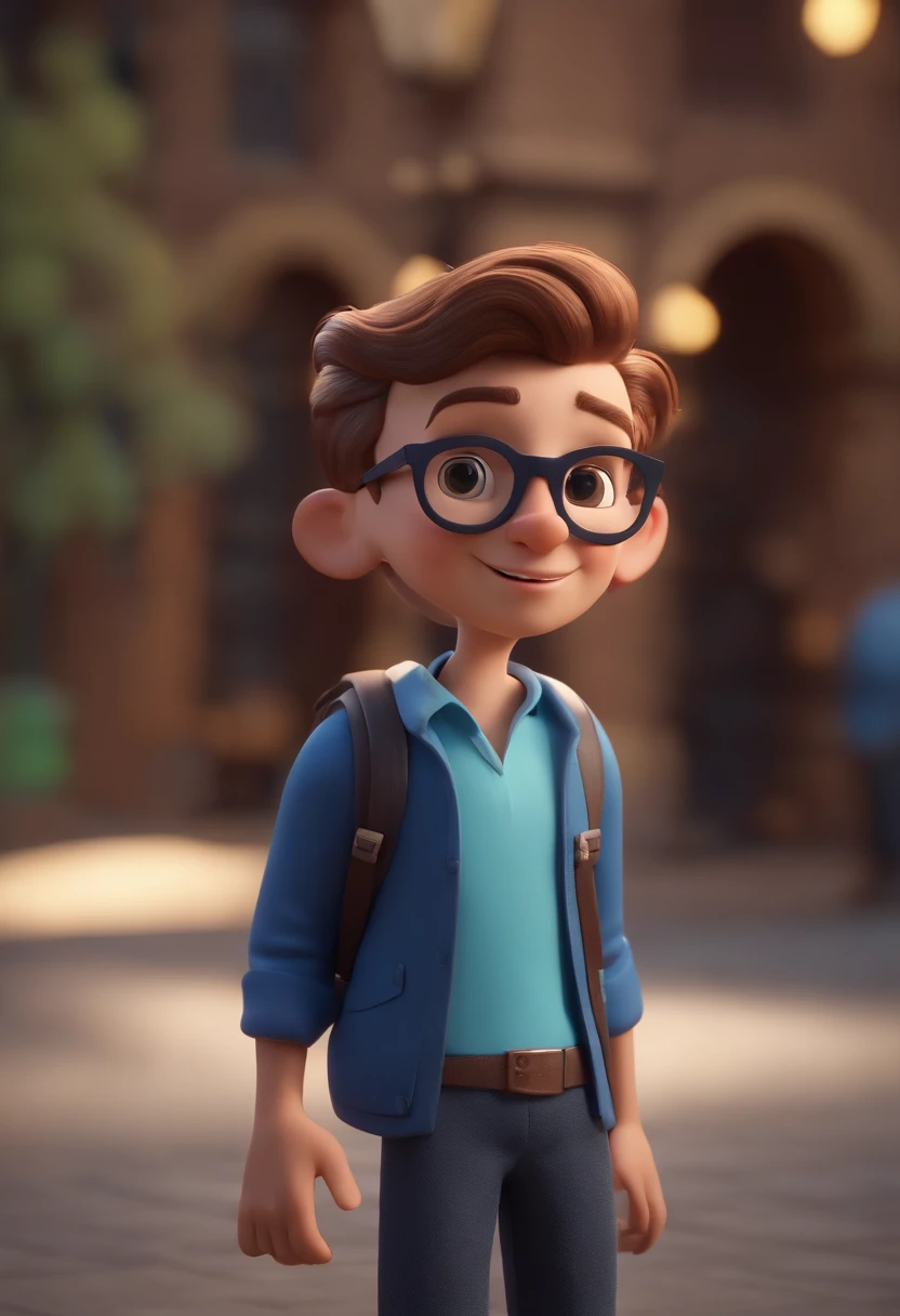 Cartoon character of a man wearing black glasses and a blue shirt, um personagem animado, Caractere estilizado, animation style rendering, 3D estilizado, Arnold Maya render, 3 d render stylized, toon render keyshot, Personagem 3D, Personagem 3D, 3d rendering stylized, 3 d character render, personagem de desenho animado, Personagem de close up, Pose de personagem, (Estilo Pixar) (master part:1.2) (Bokeh) (best quality) (pele detalhada) (textura detalhada) (8k) (argila) (Cinematic lighting) (foco nítido，Senta e vaza a parte superior do corpo