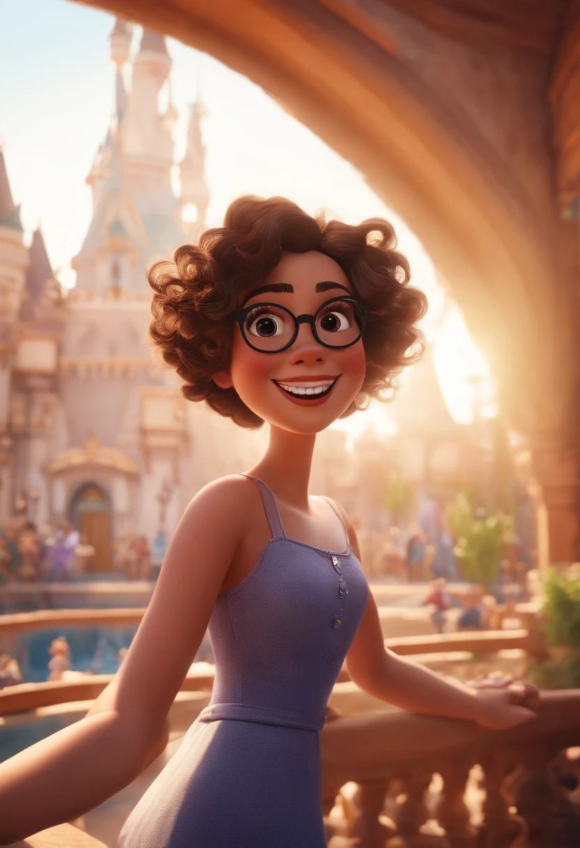 Pixar style image with 3D character white glasses brunette woman short curly hair dancing, Maquiagem Disney,Pescador, bonitinho, sorridente ,Close-up, Pixar, Disney, Cinema lighting,