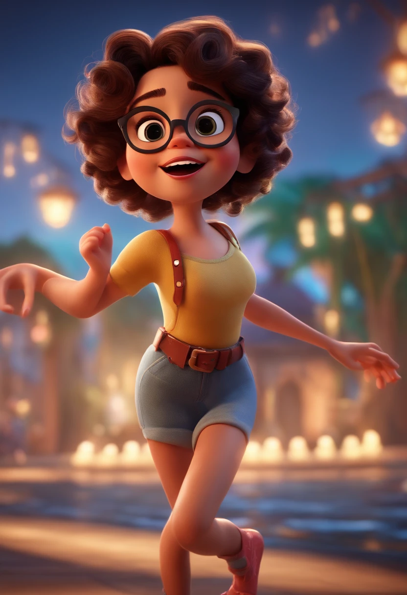 Pixar style image with 3D character white glasses brunette woman short curly hair dancing, Maquiagem Disney,Pescador, bonitinho, sorridente ,Close-up, Pixar, Disney, Cinema lighting,