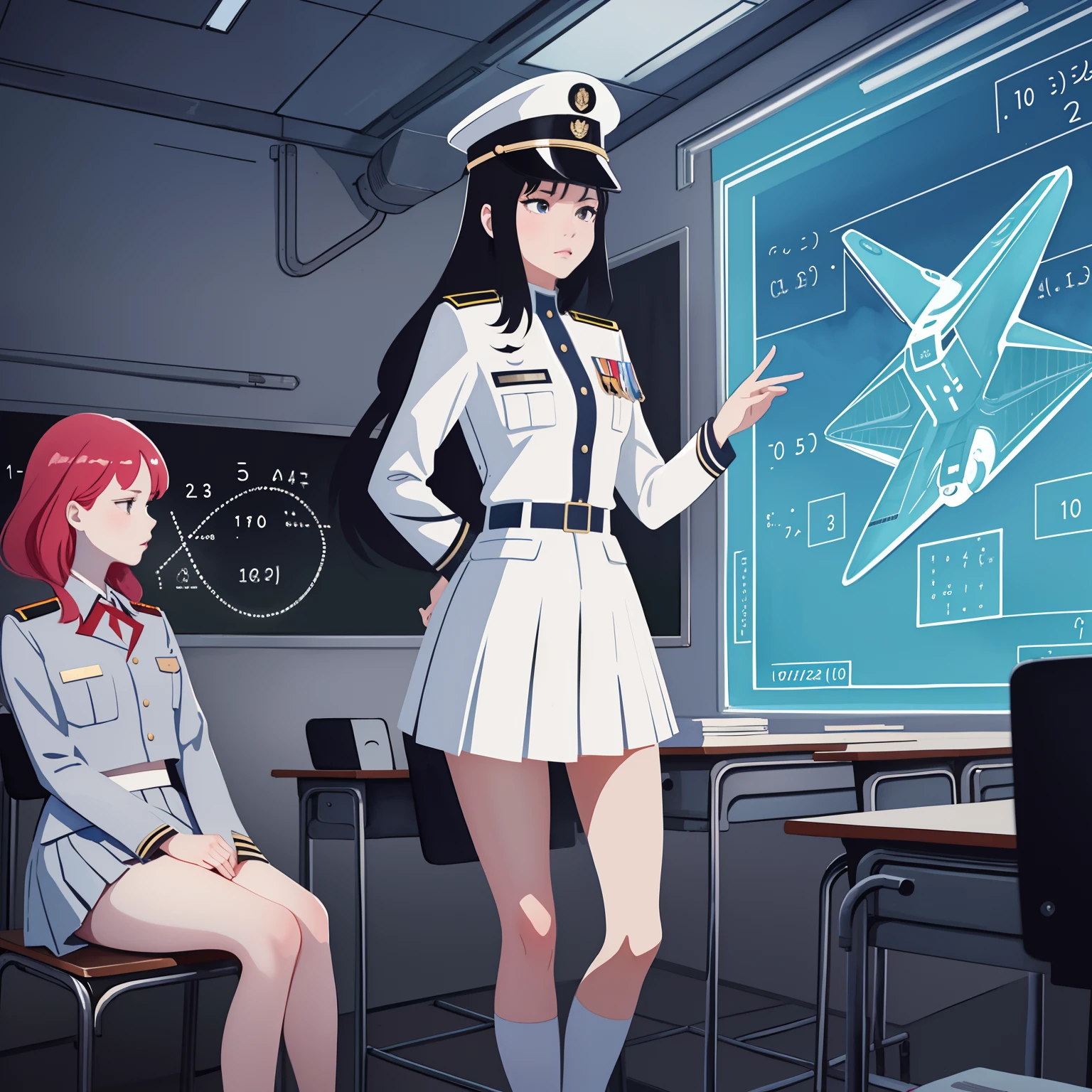 (masterpiece:1.2, best quality), 2girls, teen girl, white space cadet uniform, military hat, short pleated skirt, serious, stressed, standing by holographic board displaying math shapes, exam in classroom, spaceship interiors, sci-fi,  futuristic, anime minimalist, watercolor