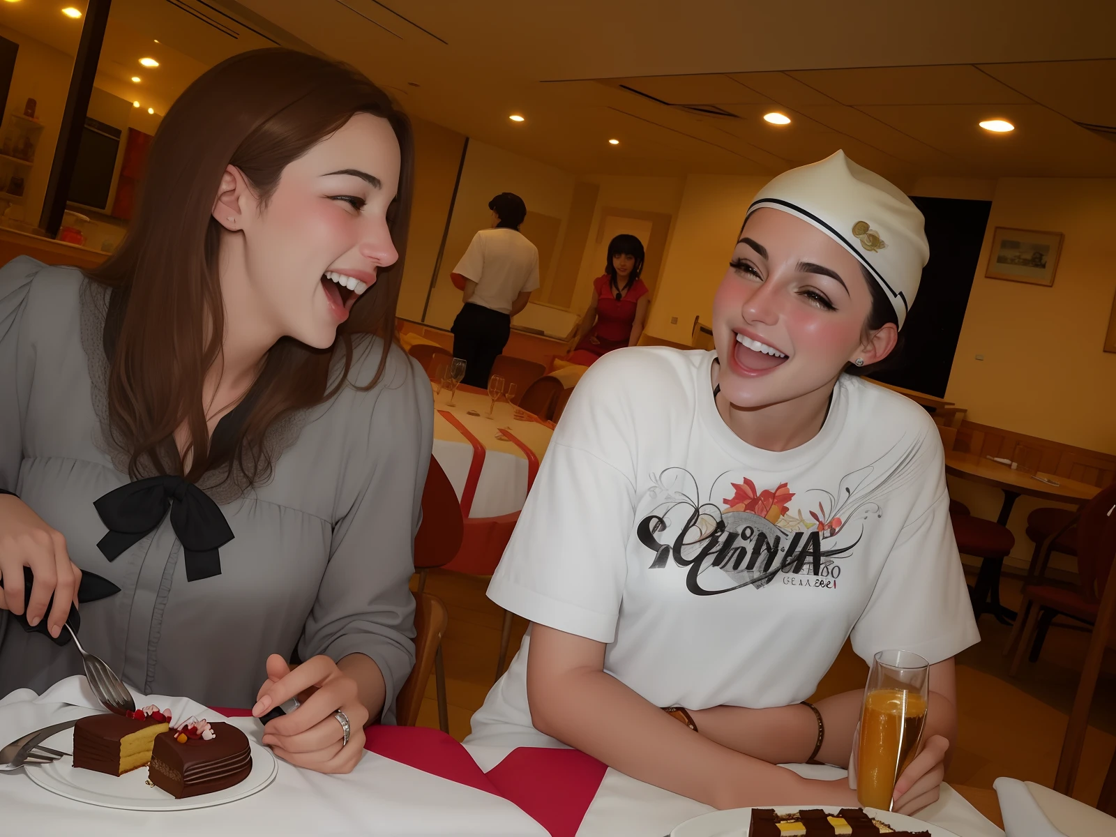 They're sitting at a table eating cake and laughing, ambos rindo, Casal feliz, Malika Favre, Rindo, par, tiradas no final dos anos 2000, foto 2 0 1 0, rindo e brincando, andrea rocha, candid, Valentina Embaralhamento, Caroline Gariba, candid shot, tiradas em meados dos anos 2000, Em Espanha